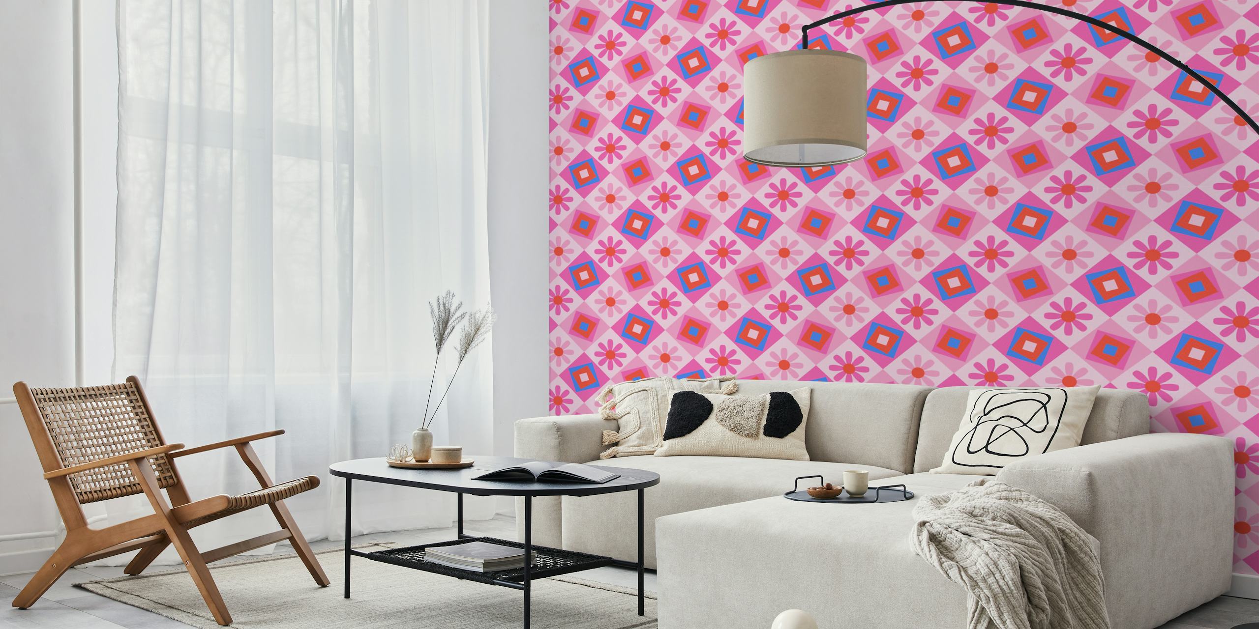 70s Bold geometrics in pink and blue in een kamer