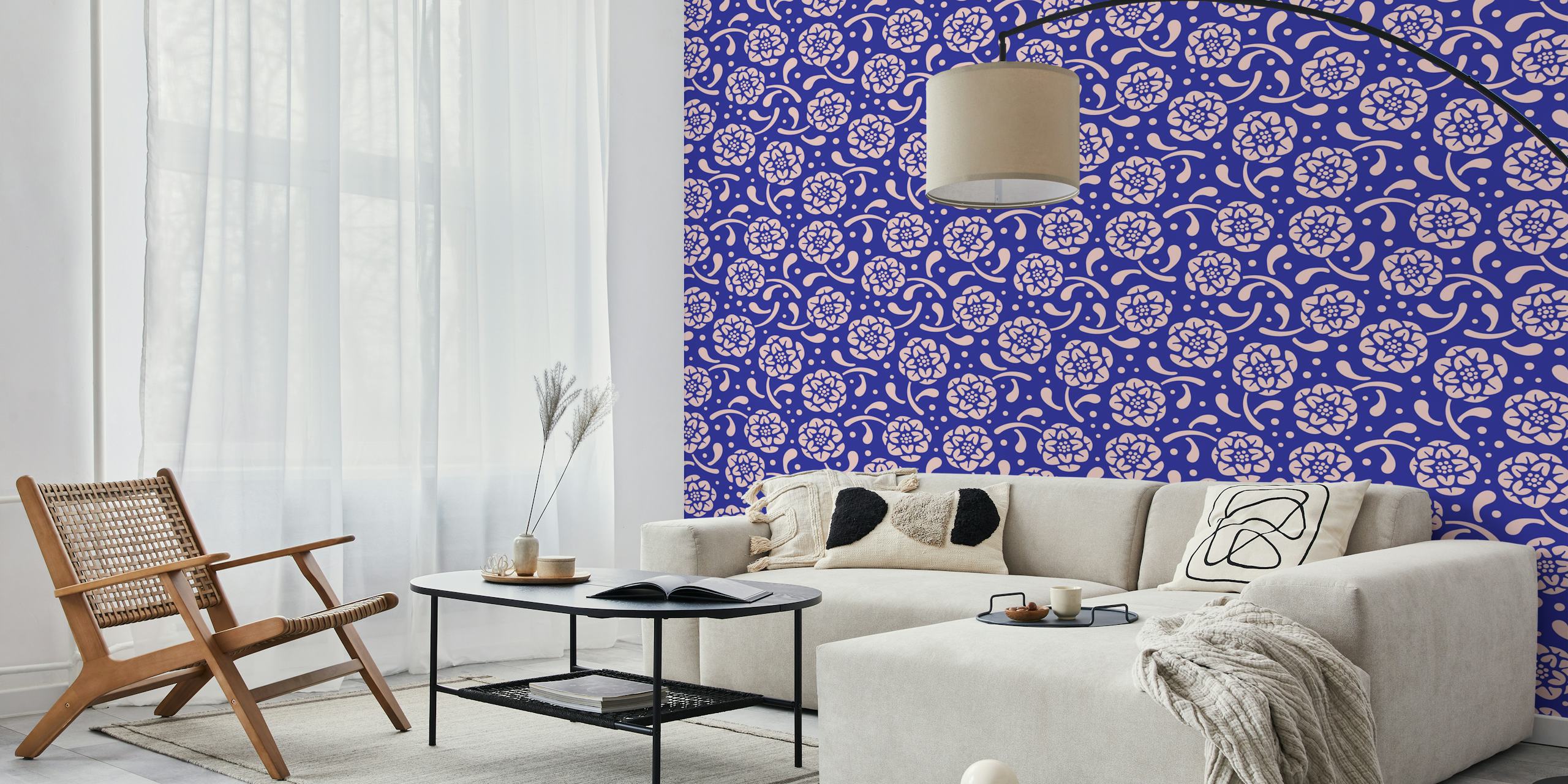 Dolce Block Print Style Retro Floral Royal papel pintado