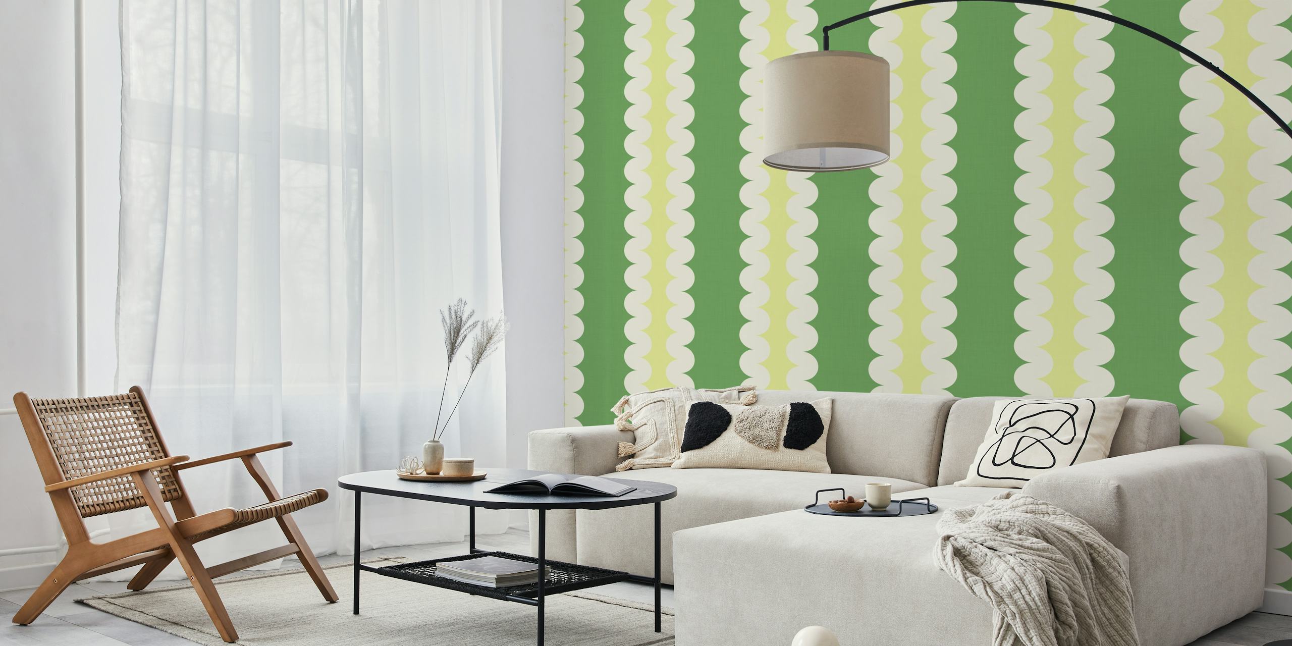 Scalloped stripe pattern in green and yellow wallpaper