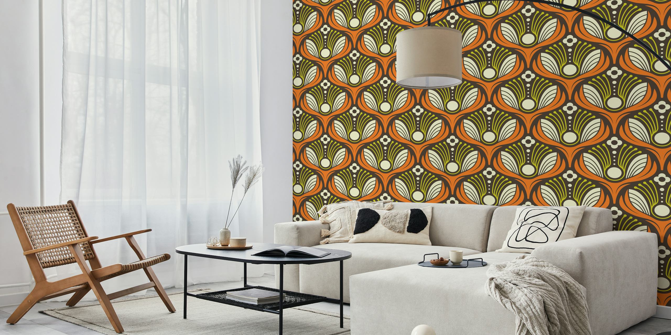 Art Deco floral pattern in orange, brown, and green wallpaper