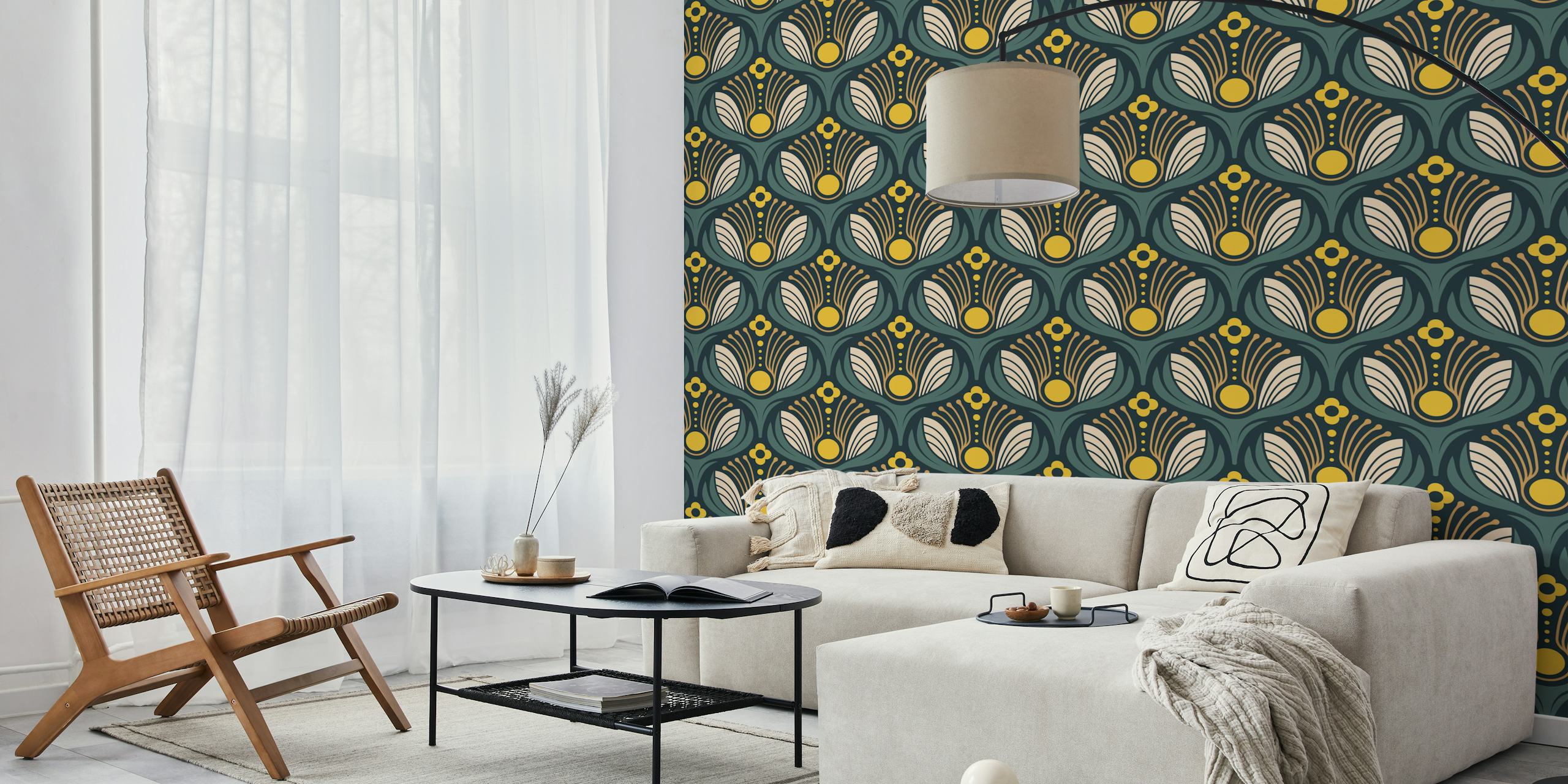 Art Deco Floral in Green Yellow design di carta da parati