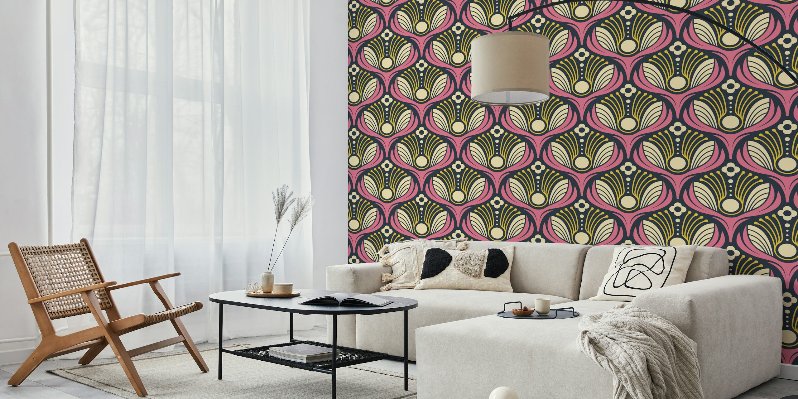 Ταπετσαρία Art Deco Floral in Pink σε ένα δωμάτιο