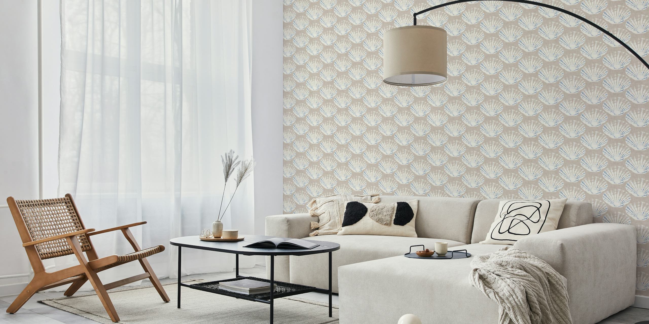 Scallop shell pattern in blue and white on neutral linen wallpaper
