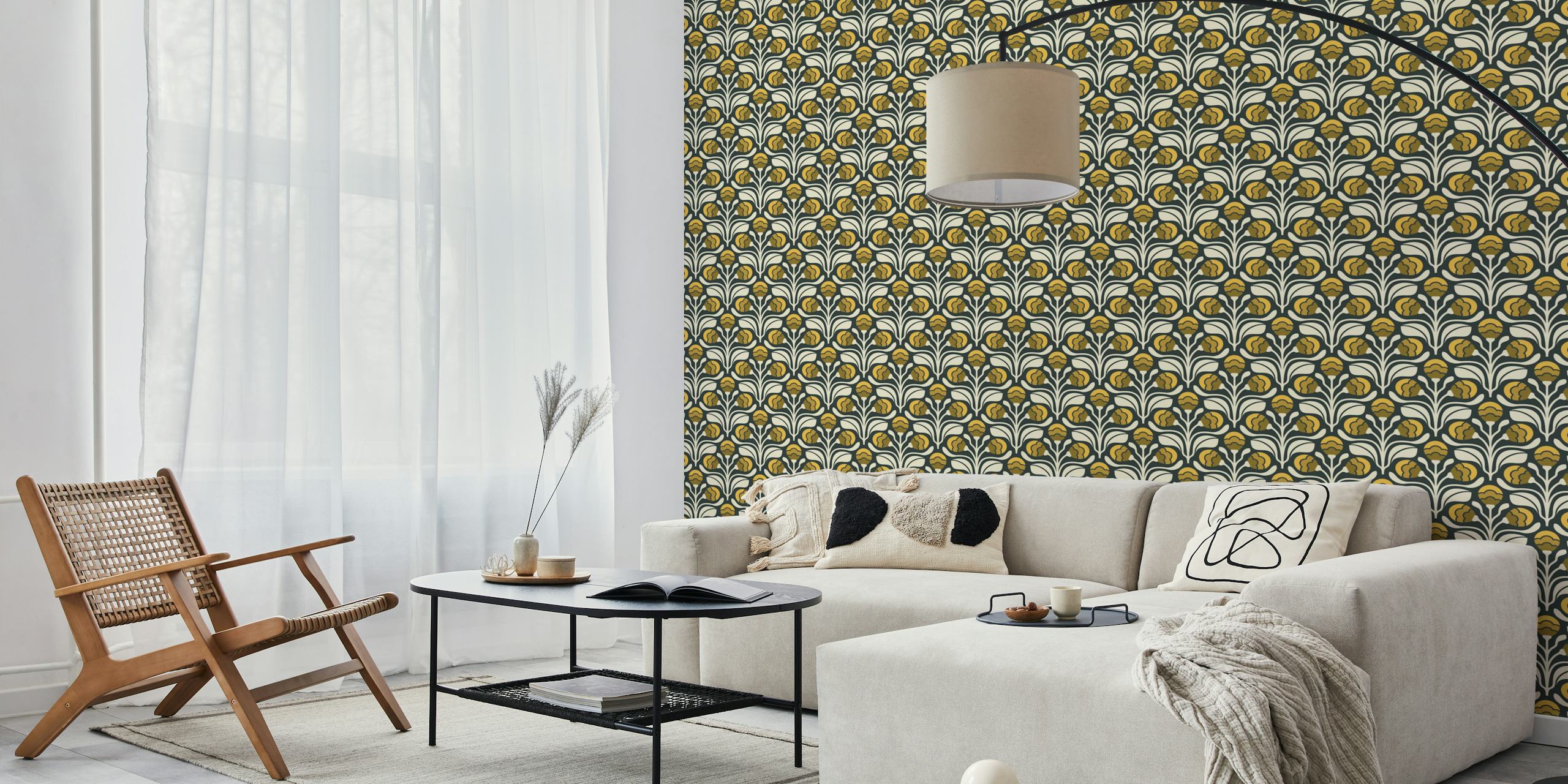 Retro Floral Buds in Yellow tapet i et rom