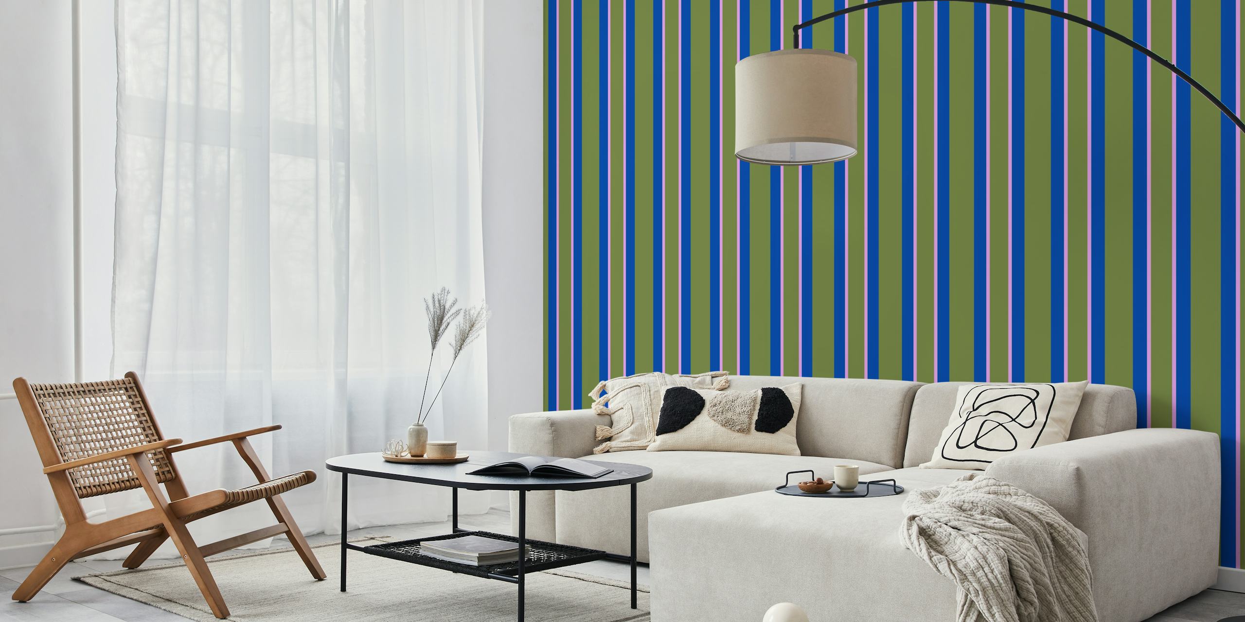 Vertical stripes in green and blue with pink accents wallpaper