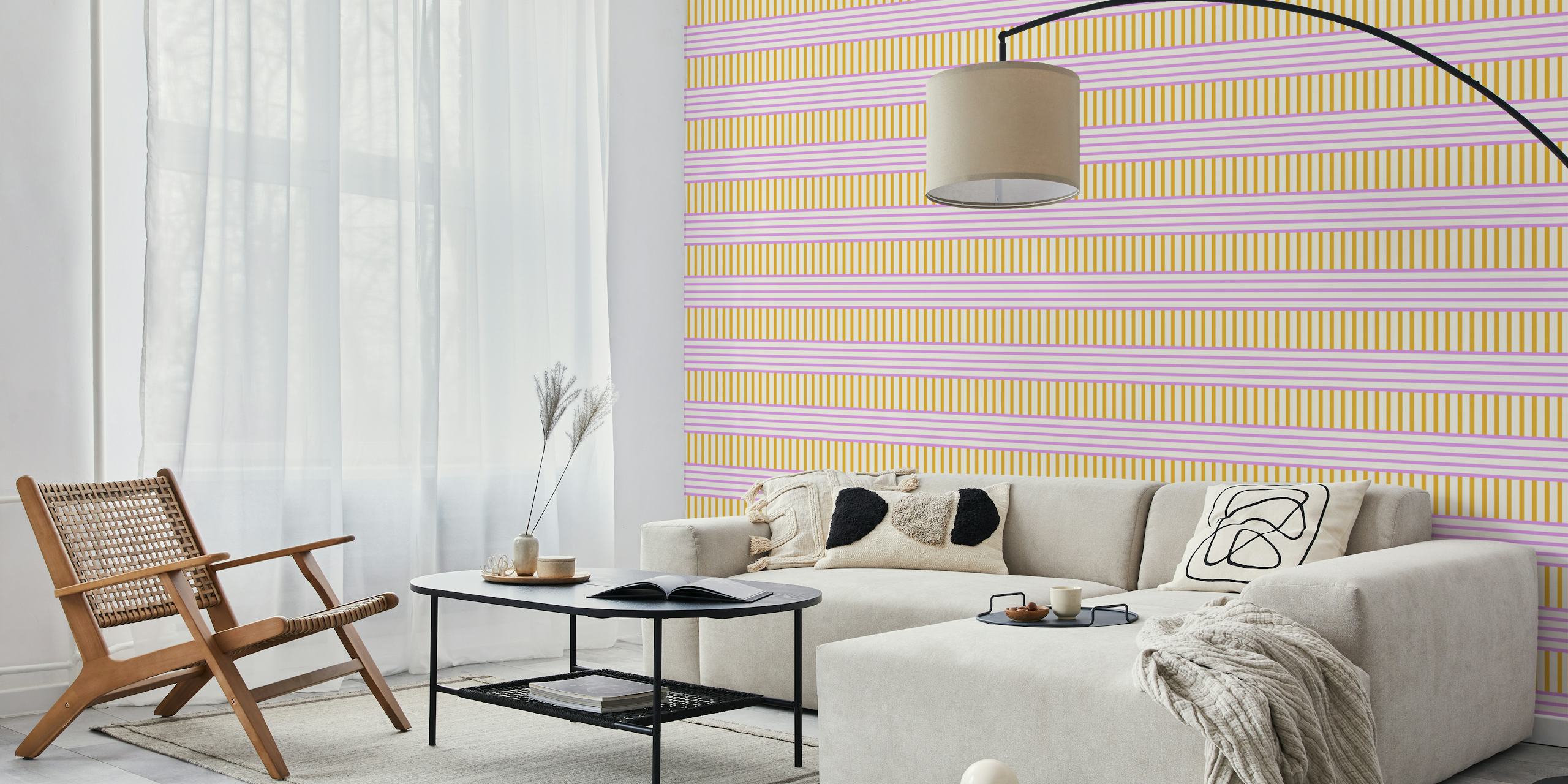 Yellow and pink striped wallpaper with horizontal and vertical patterns