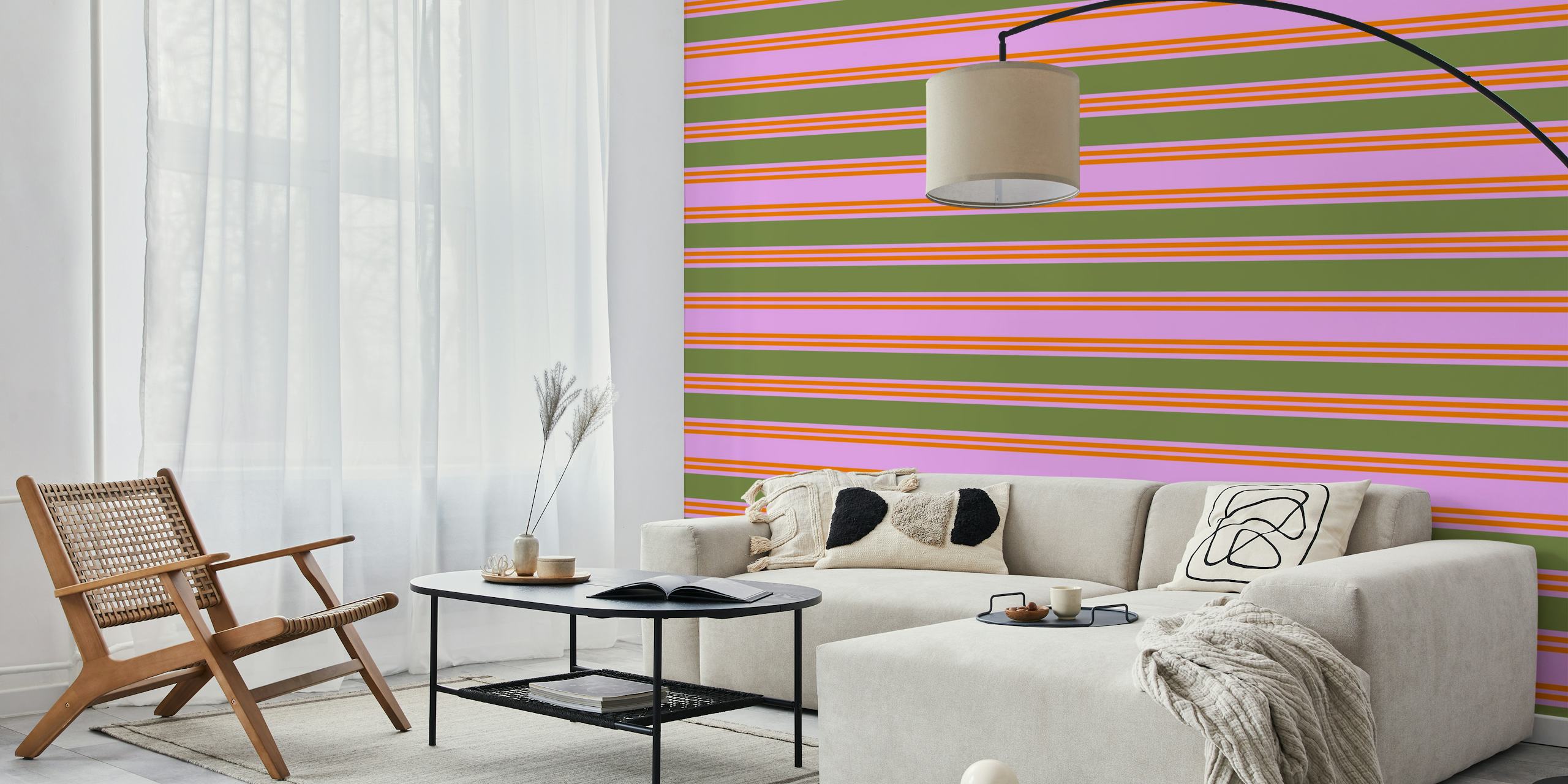 Colorful striped wallpaper featuring pink, orange, and green bands