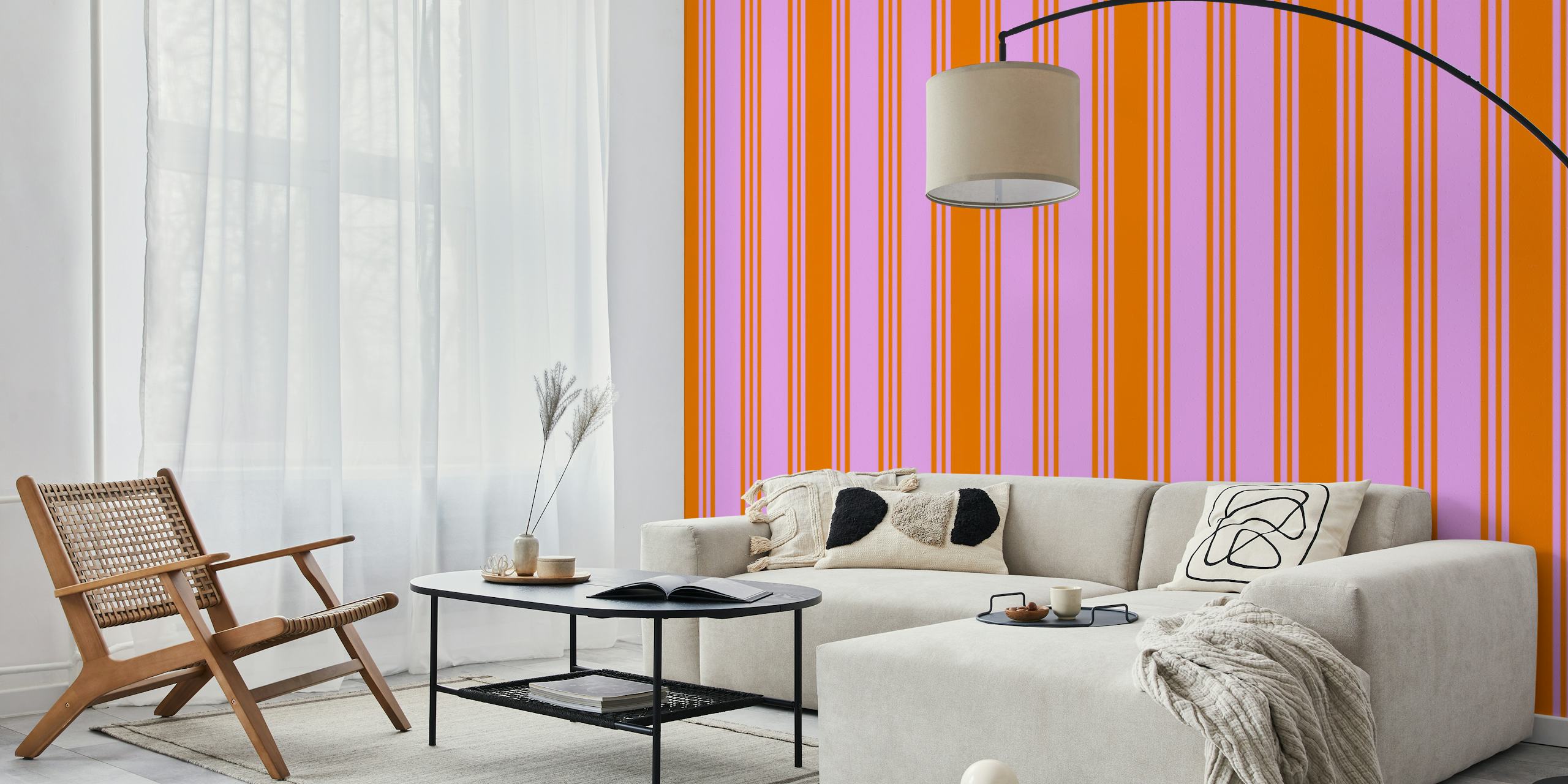 Bold orange and pink striped wallpaper in a room