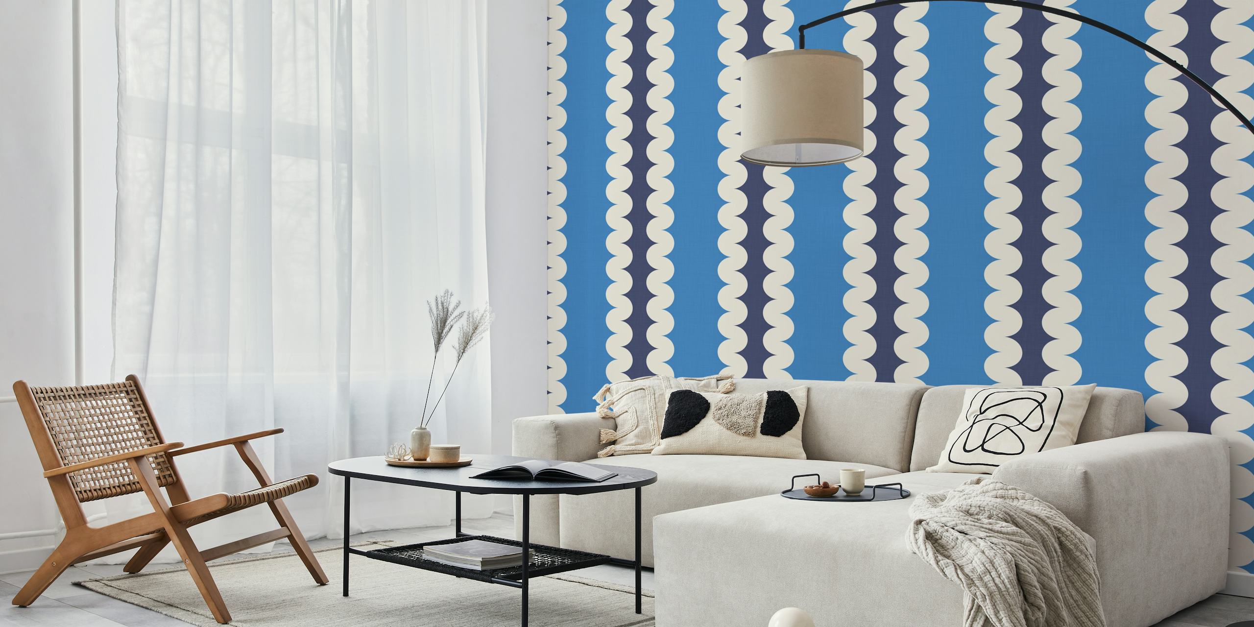 Blue and cream scalloped stripe design wallpaper