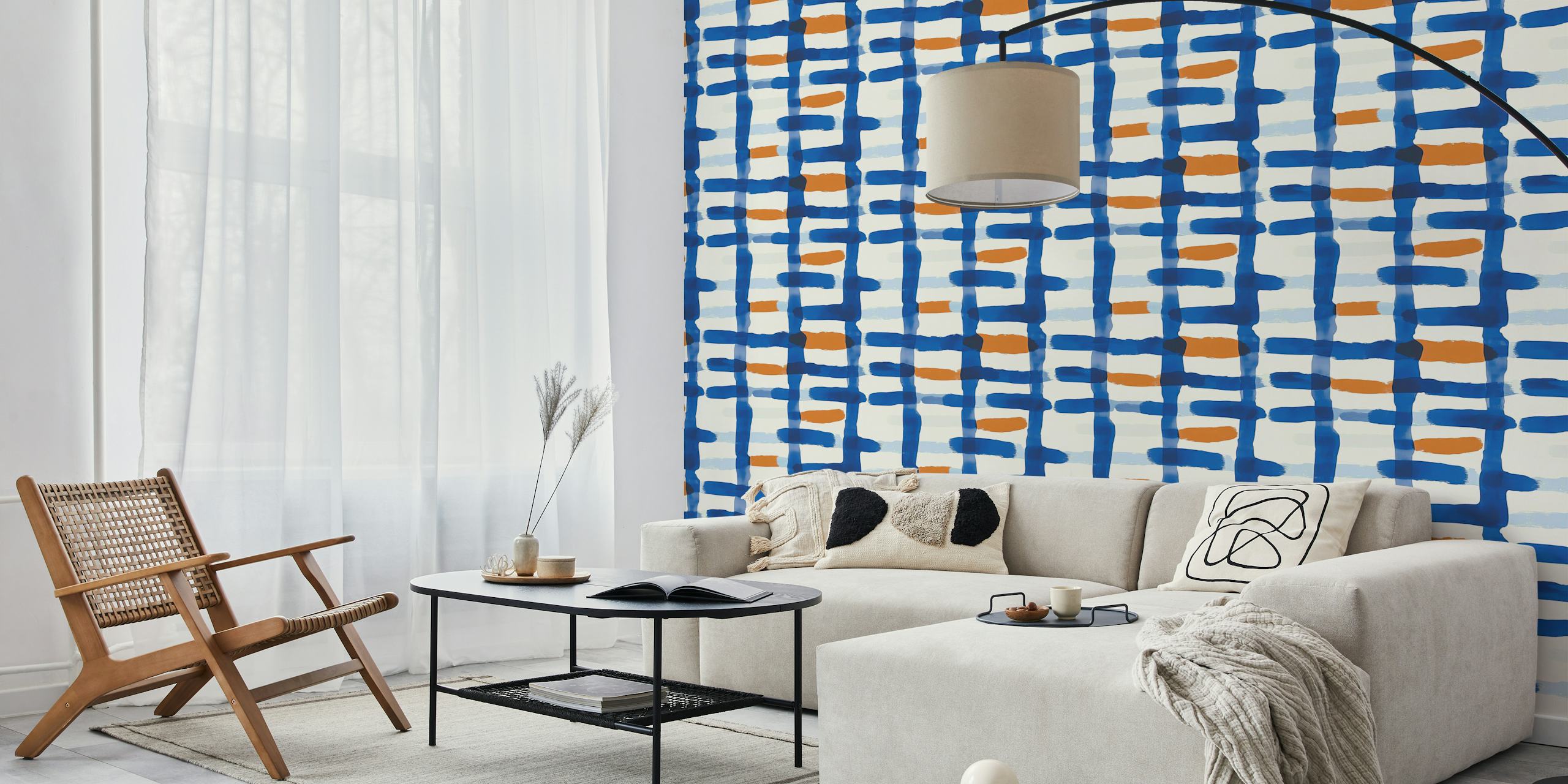 Abstract Blue Orange Lines wallpaper in a room