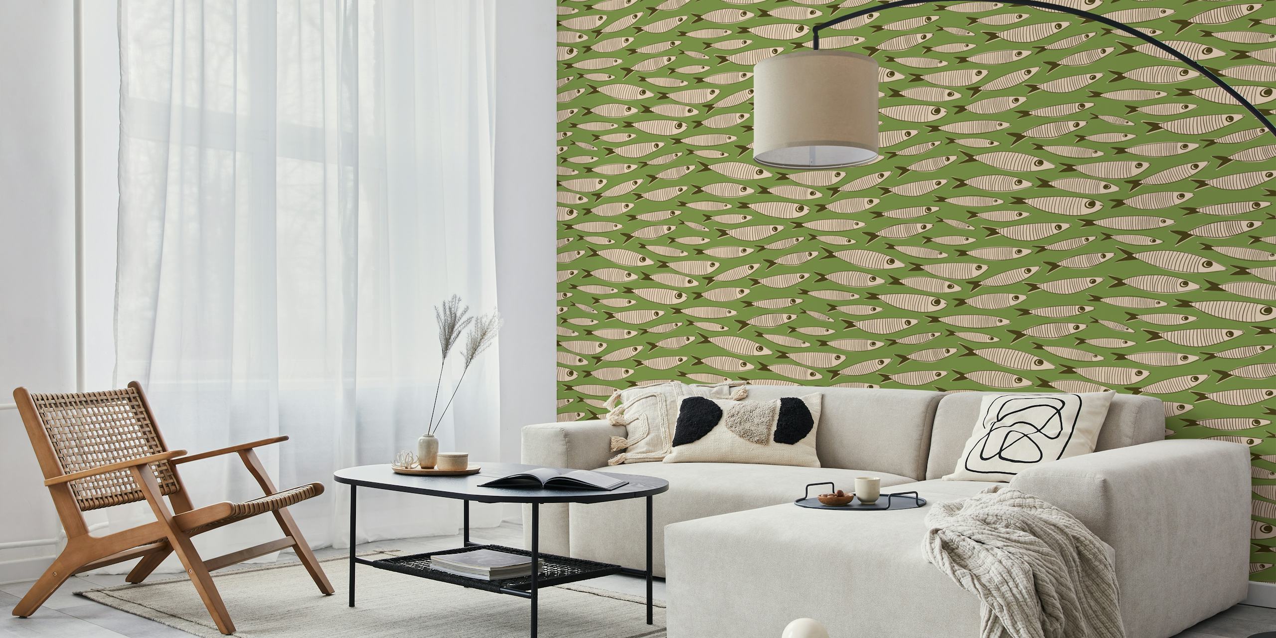 Motif de sardines stylisées sur fond vert, papier peint