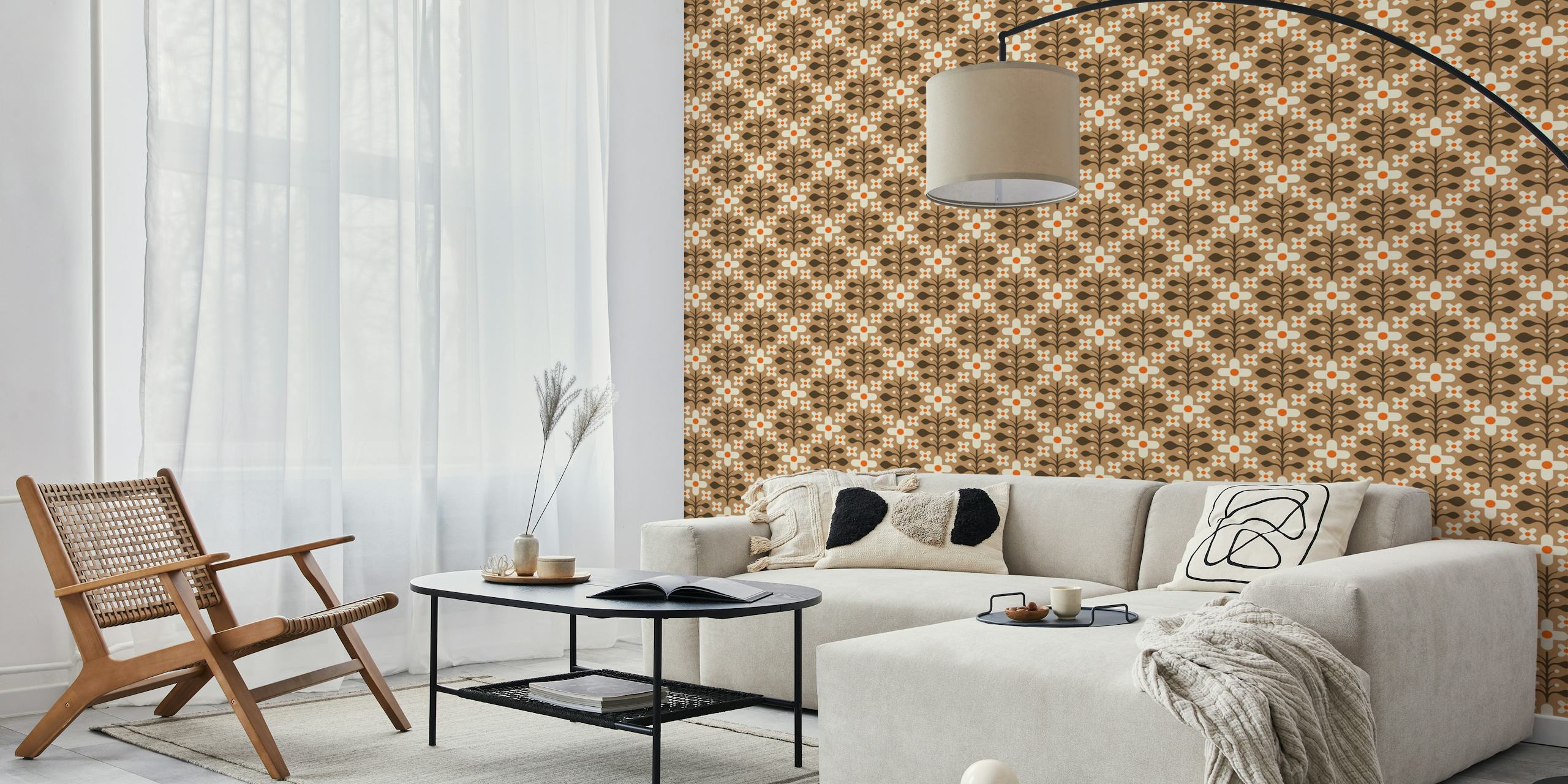 Geometric Flower Harmony in Brown tapetti huoneessa