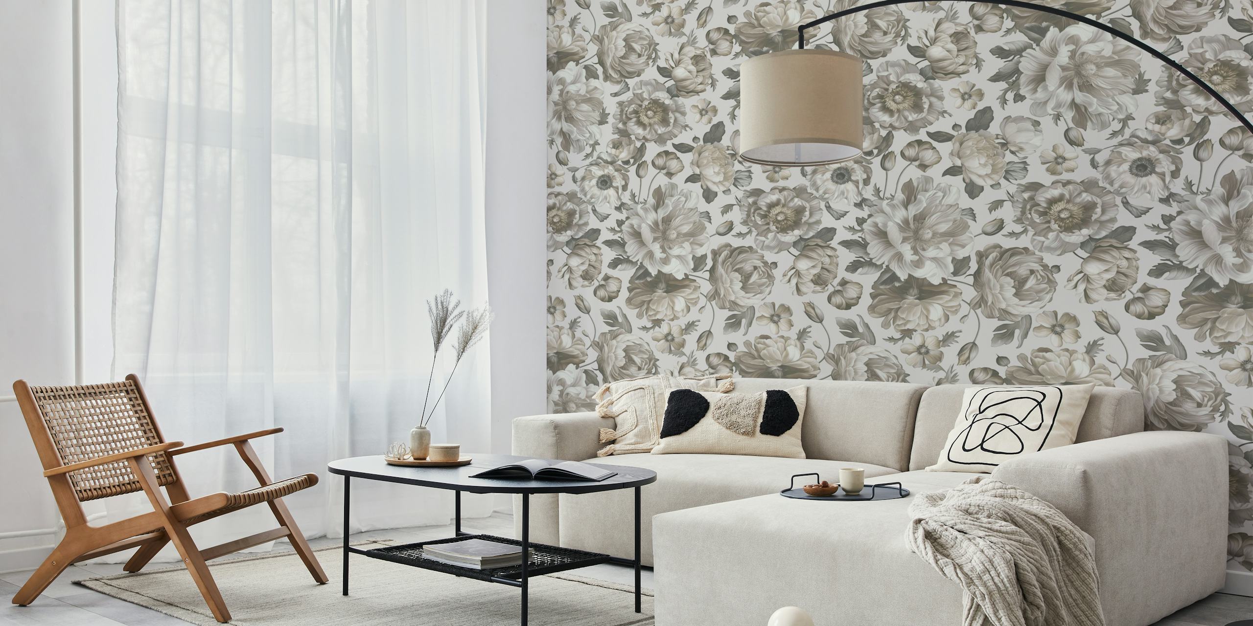 Ivory floral wallpaper with vintage grey flowers and leaves