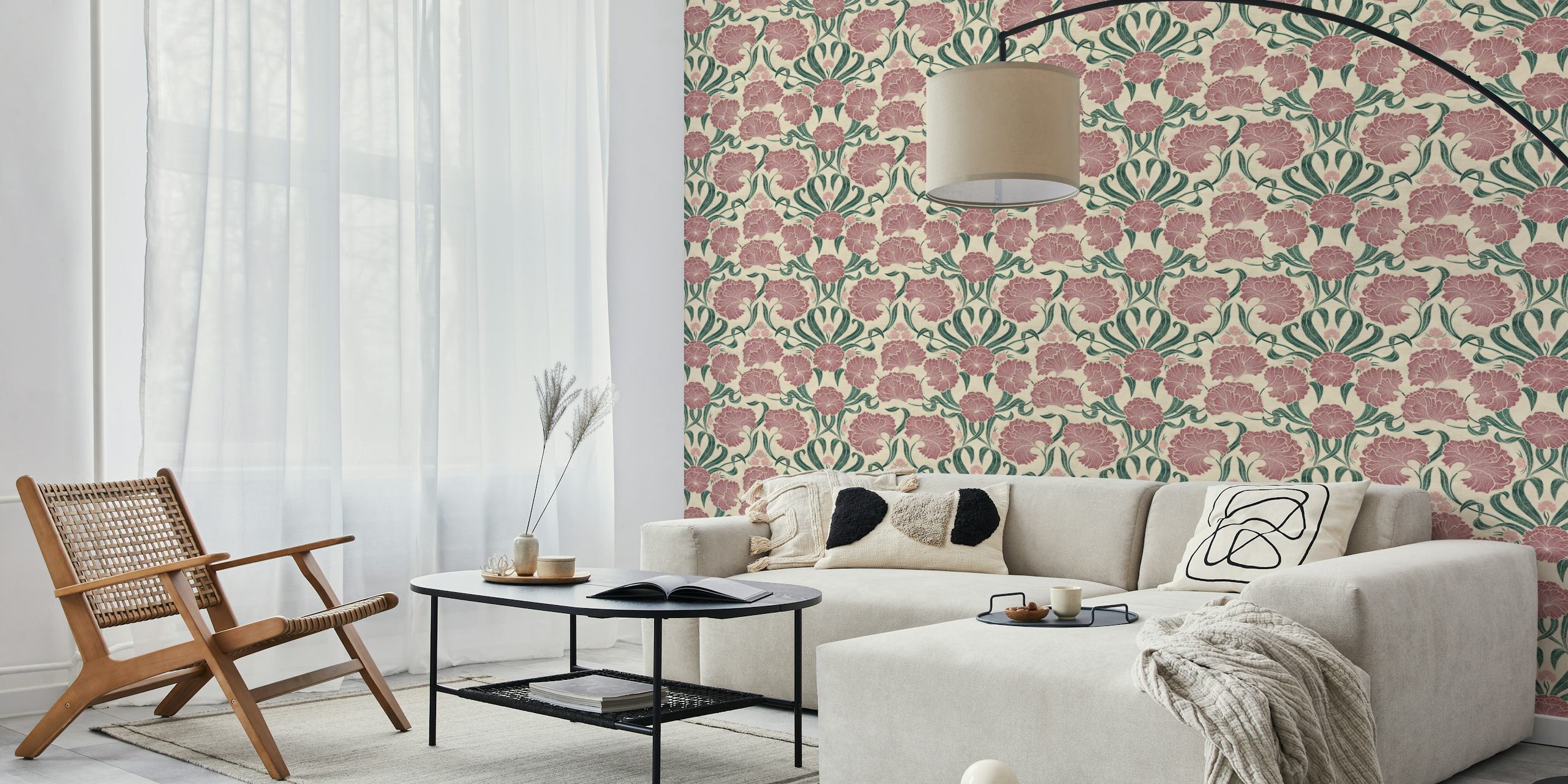 Pink and green botanical floral pattern wallpaper