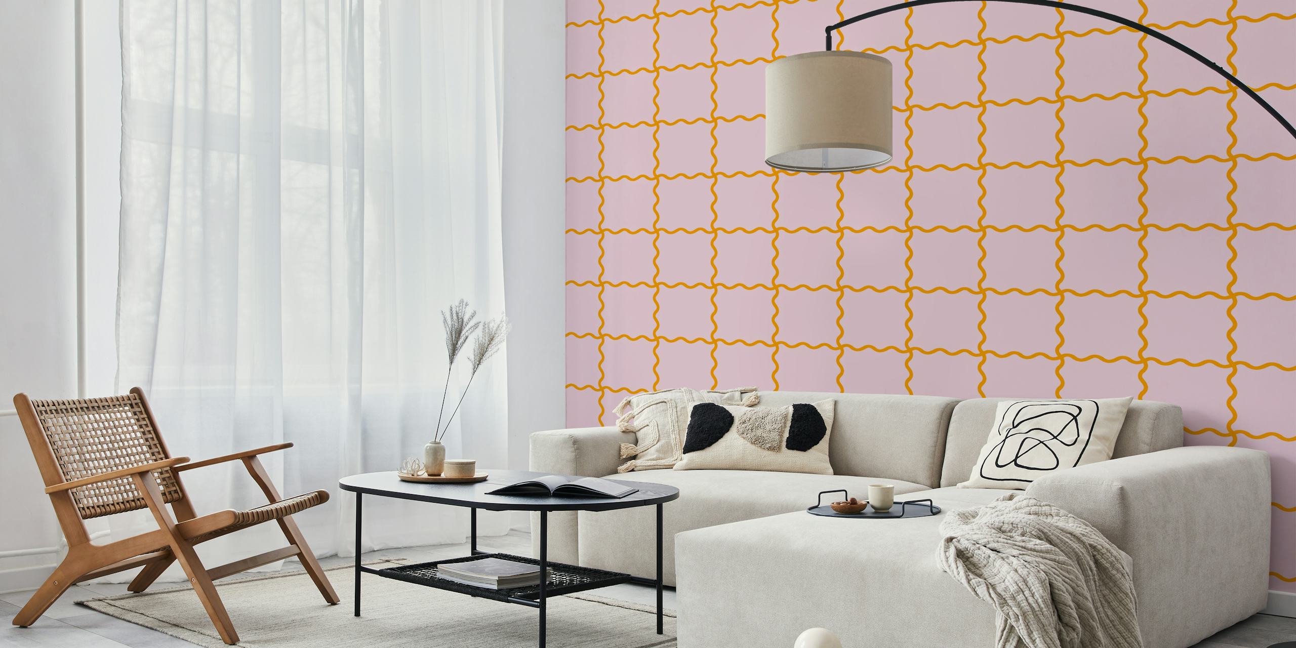 Pink wavy checkerboard design wallpaper with orange outlines