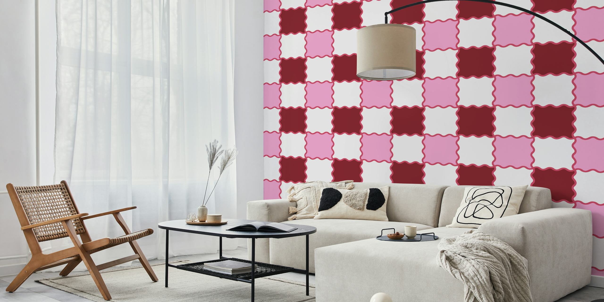 Wavy Checker Cherry and Pink wallpaper in a room