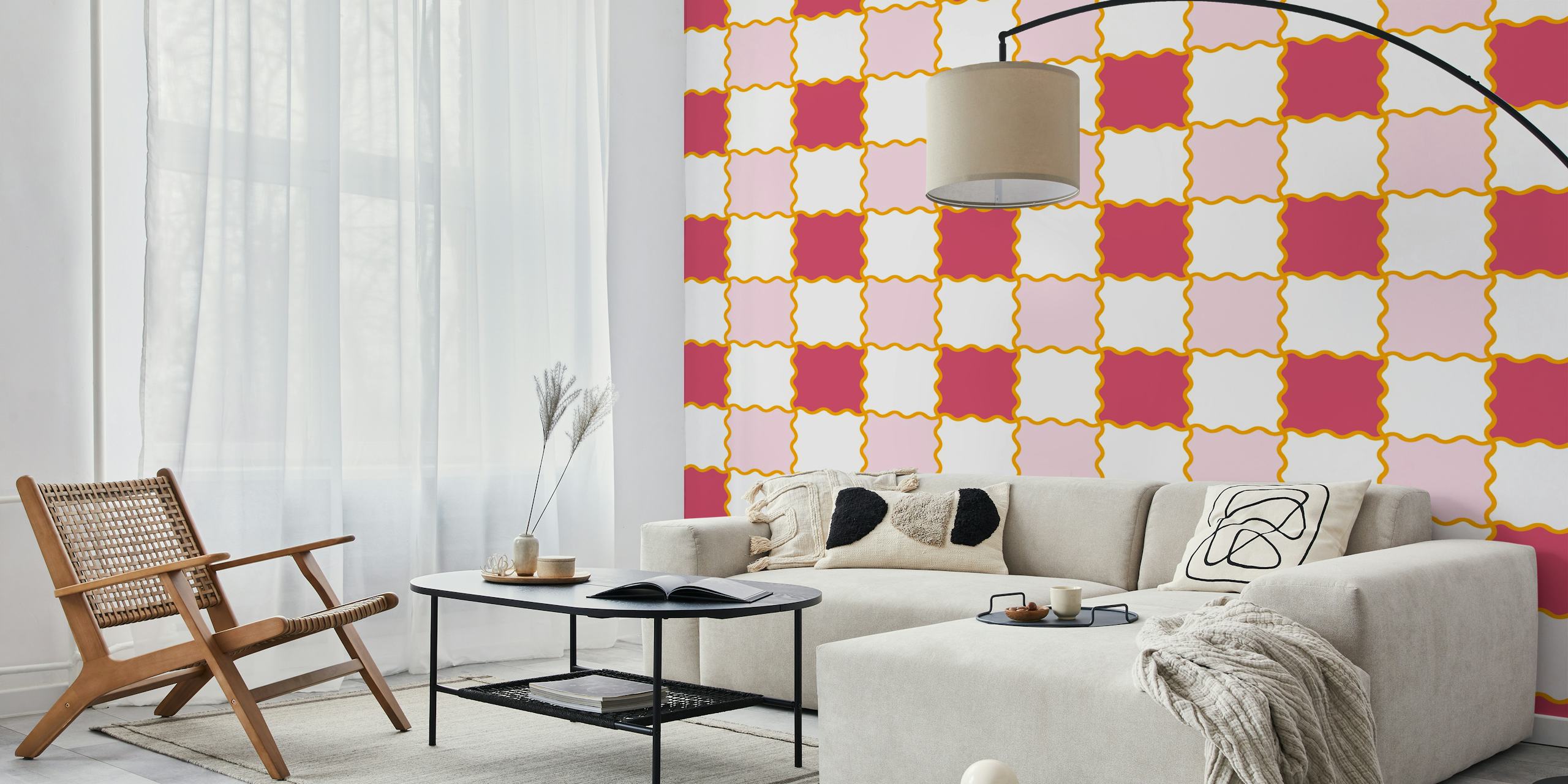 Wavy checker pattern in pink, ruby, and cream wallpaper