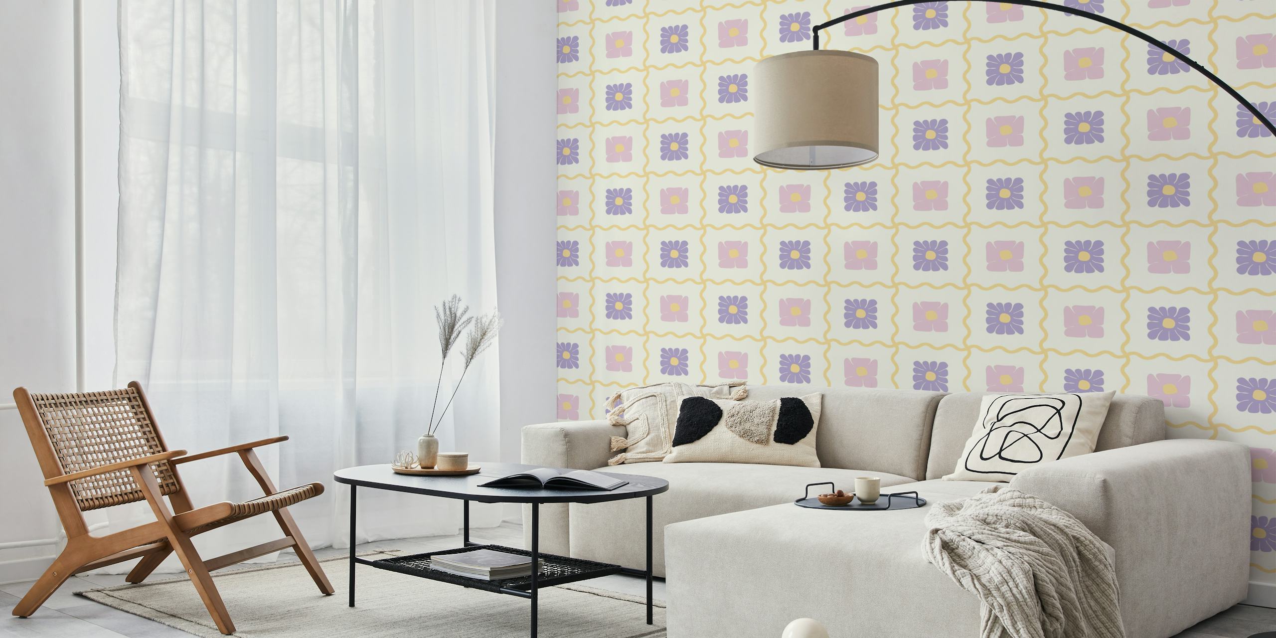 Pastel floral checkerboard pattern in soft colors wallpaper