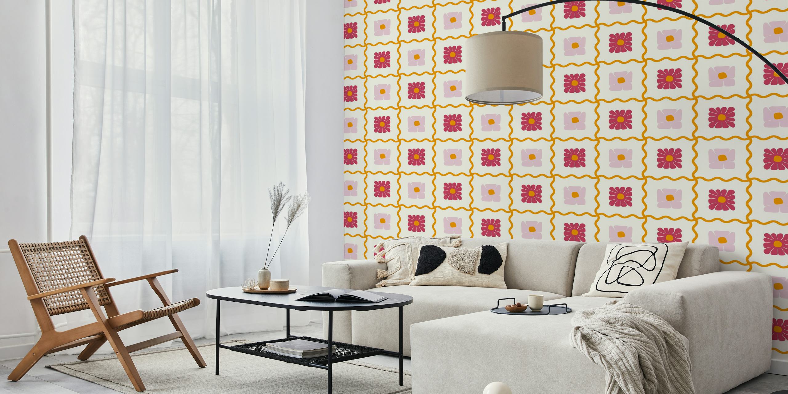 Colorful floral checker pattern in pink and yellow wallpaper