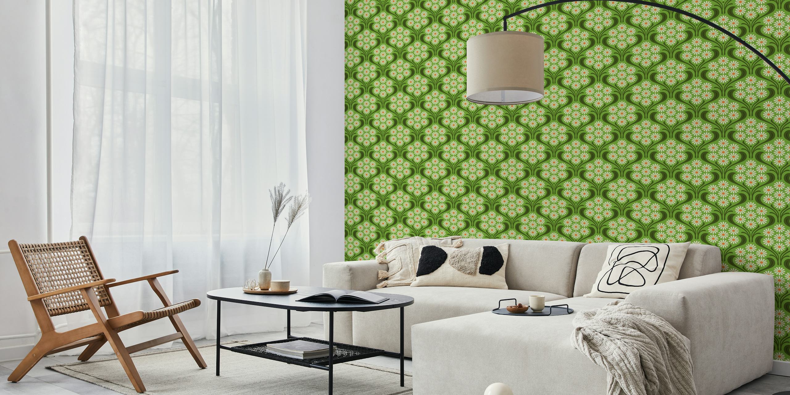 Vintage daisy floral pattern in green and white wallpaper