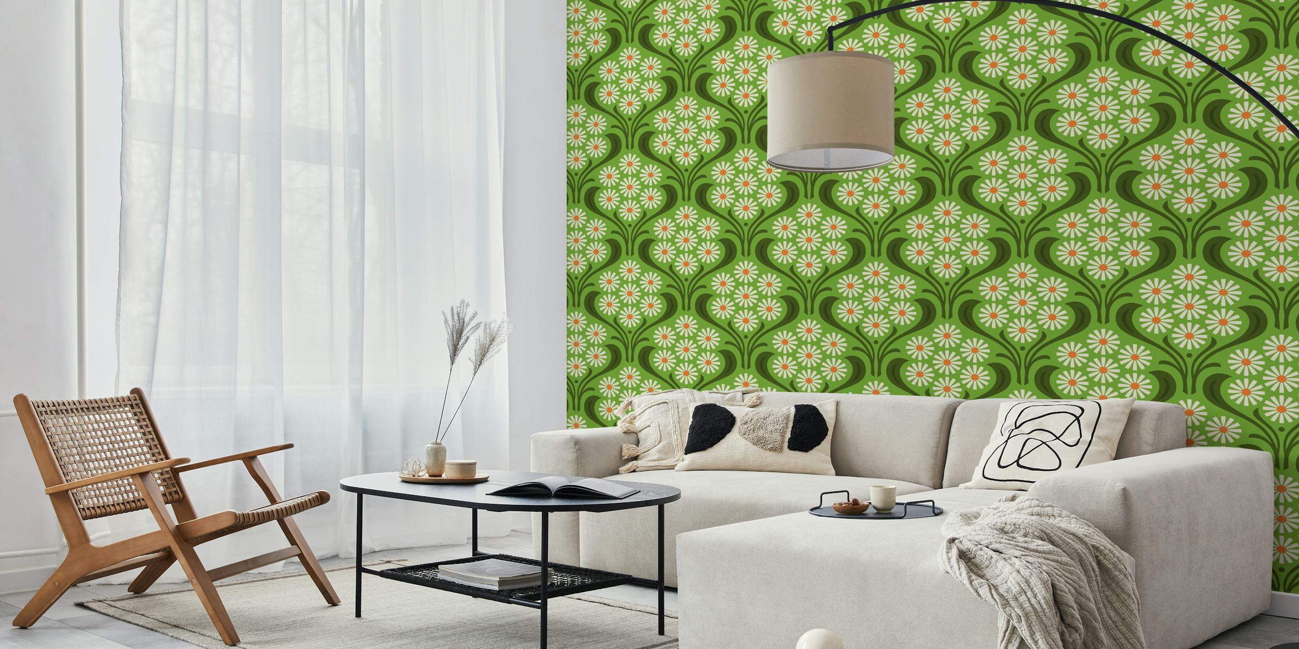 Vintage Daisy Delight in Green papel pintado en una habitación
