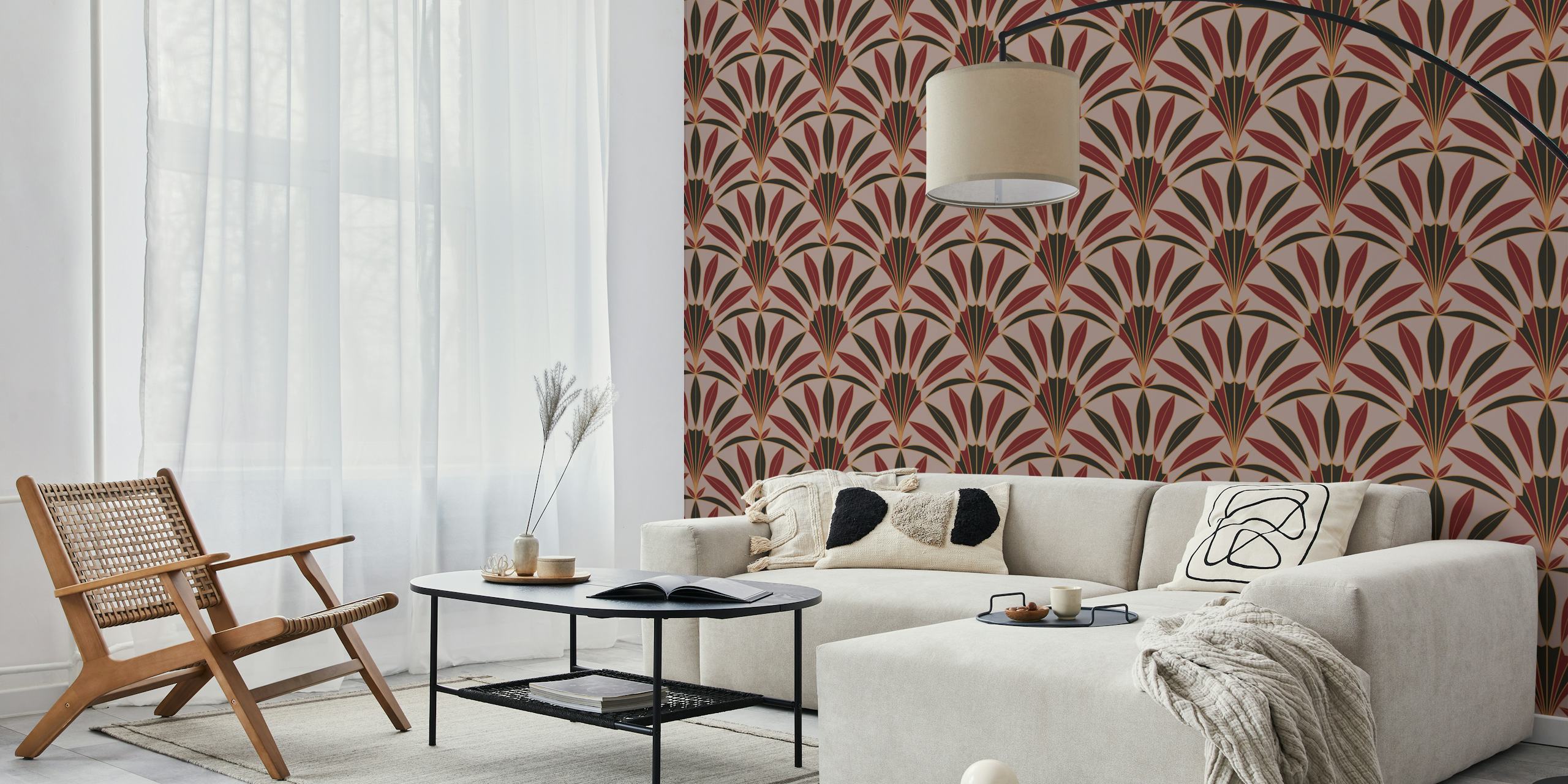 Art Deco palm bladeren in syrah rood en zwart wallpaper