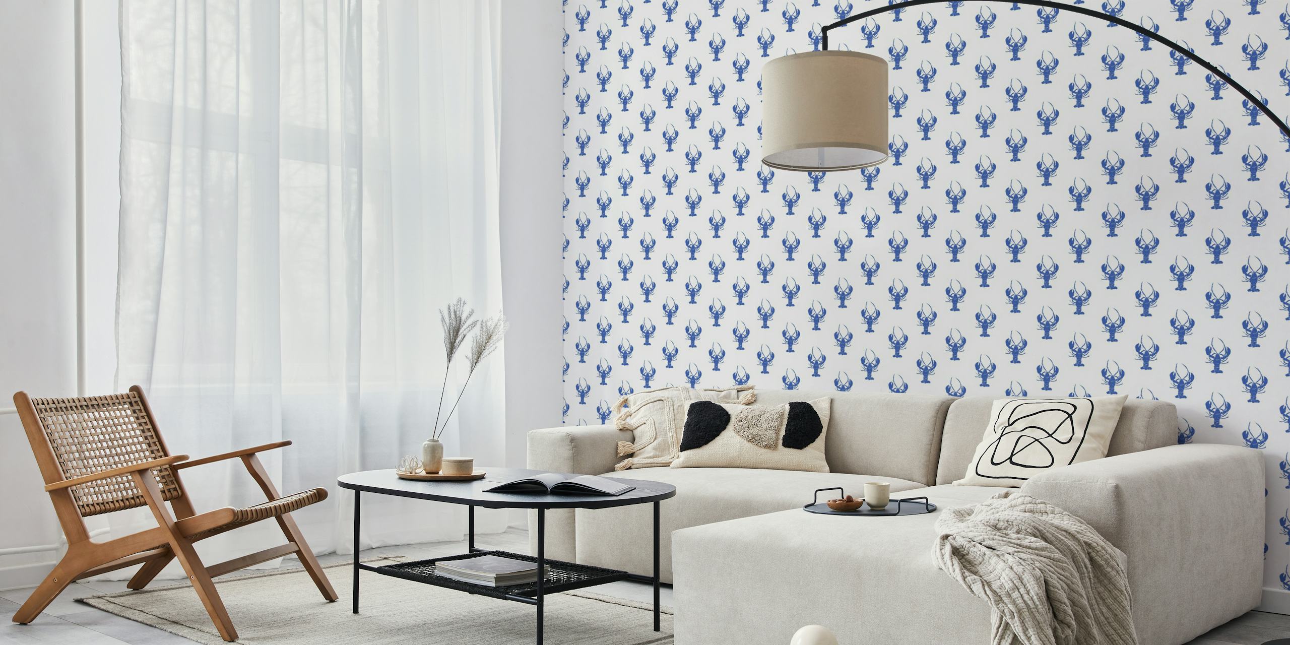 Navy and white Lobster Linocut wallpaper in a room