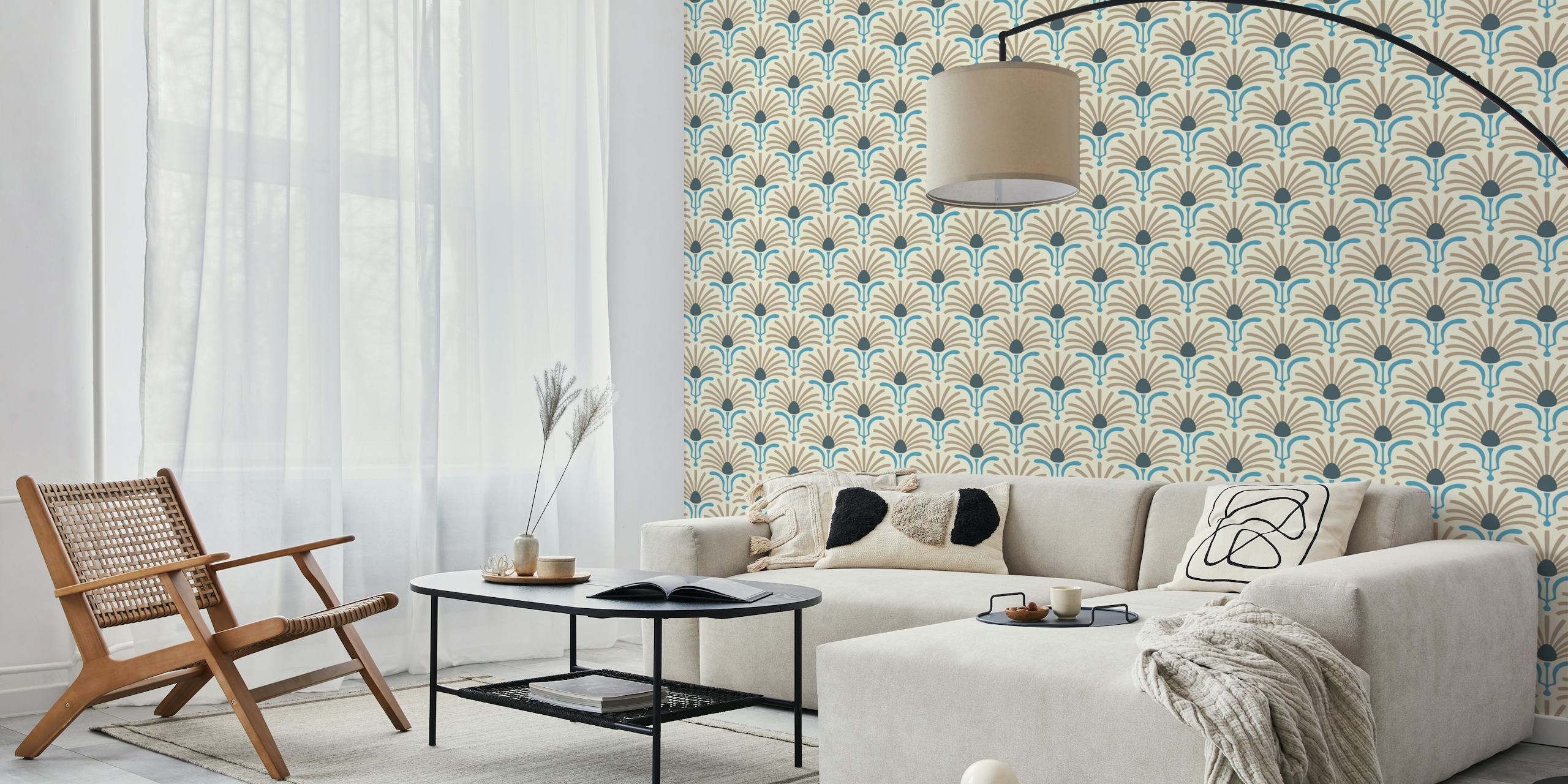Bohemian Daisy Burst in Blue Gray wallpaper in a room