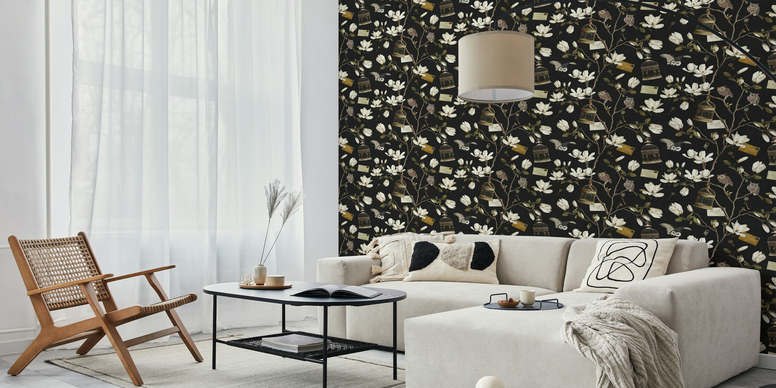 Magnolia Grove with Owls in Black design della carta da parati