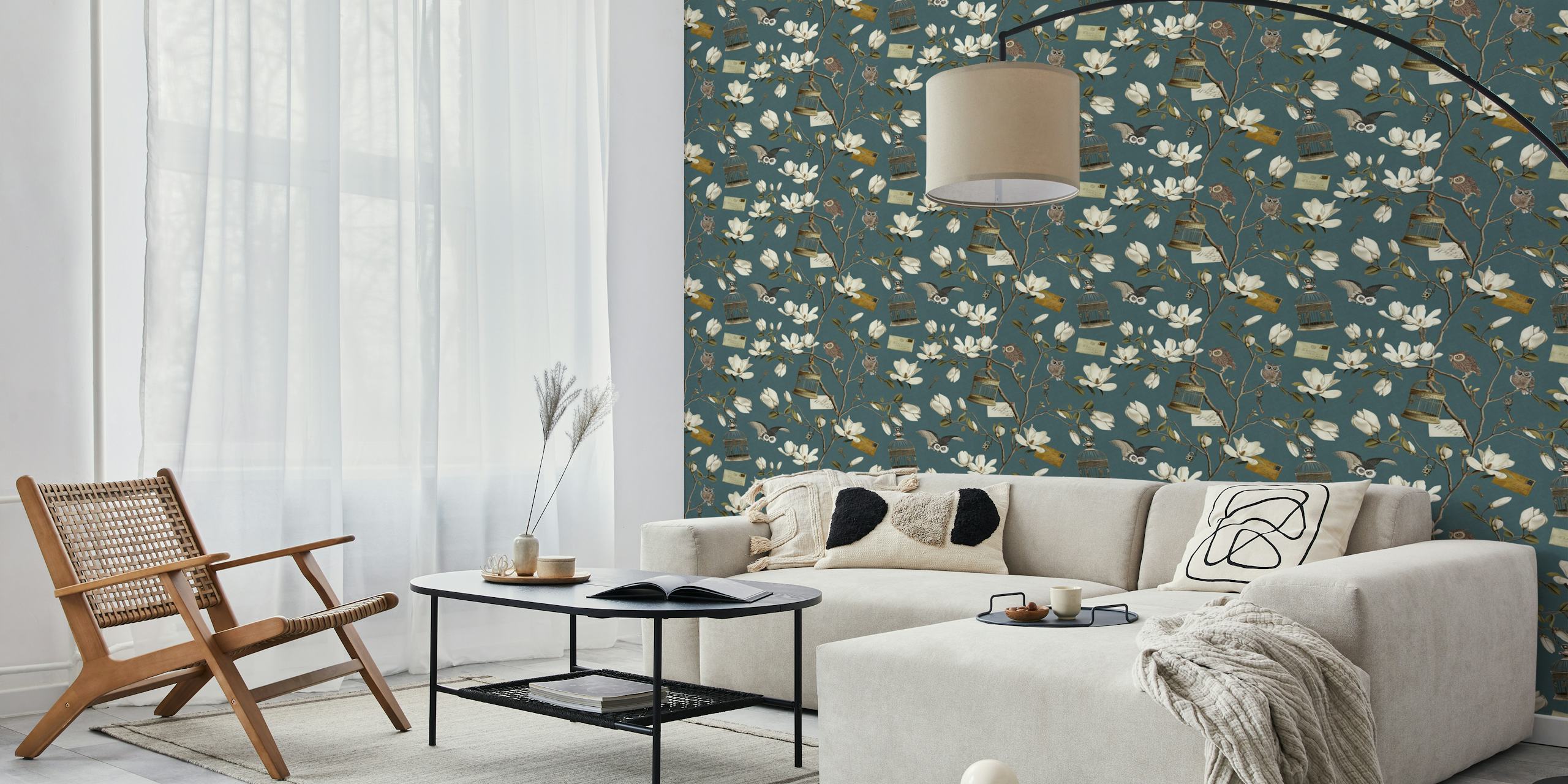 Magnolia Grove with Owls in Teal Blue tapet