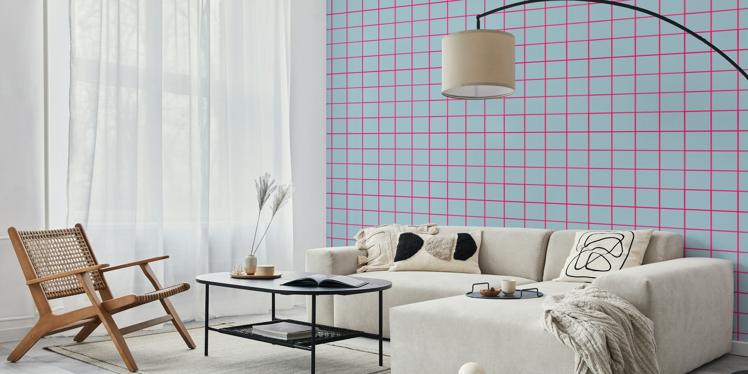 Blue gray and fuchsia geometric grouted tiles wallpaper