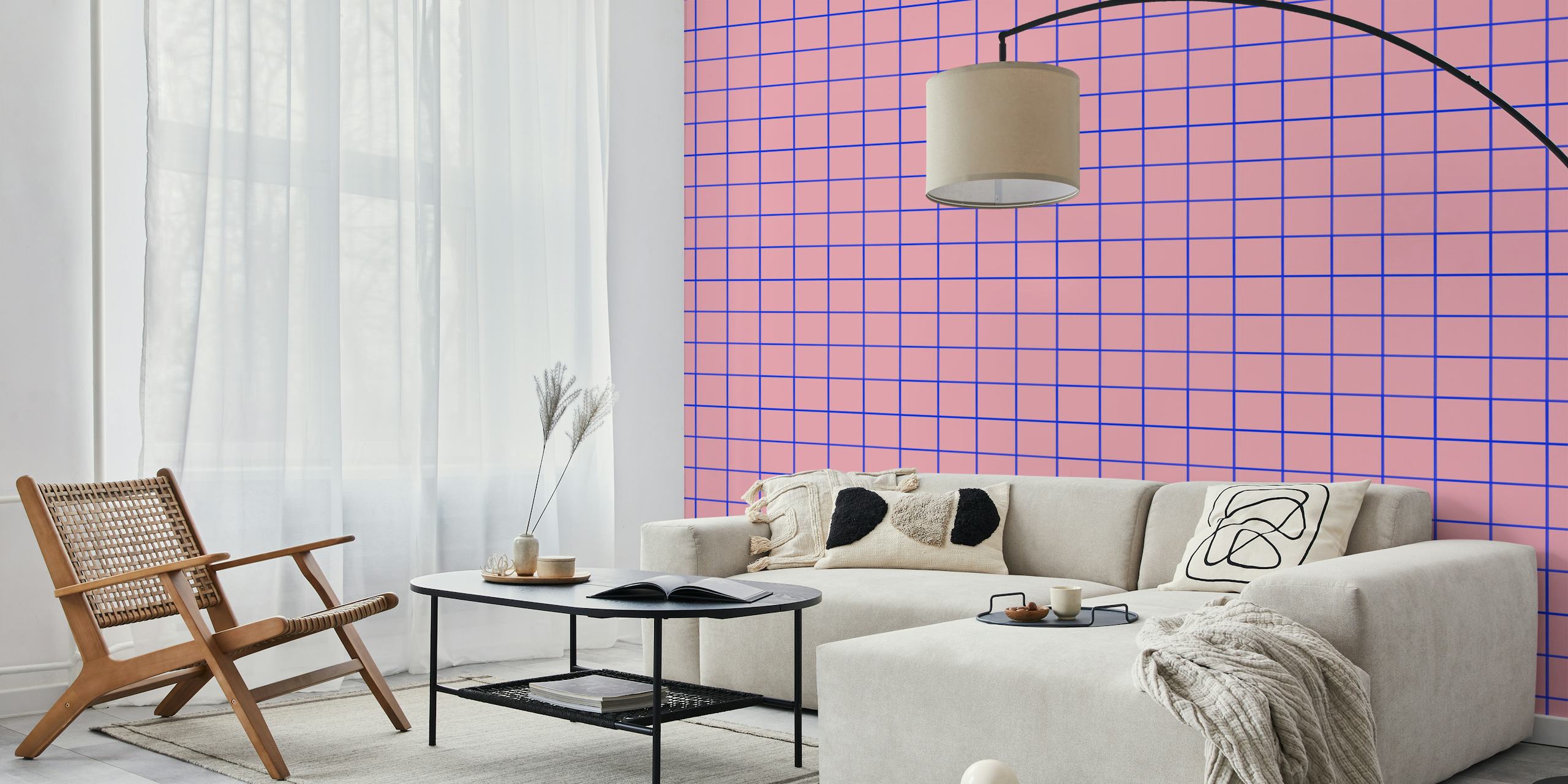 Pink blue grouted tiles wallpaper in a room