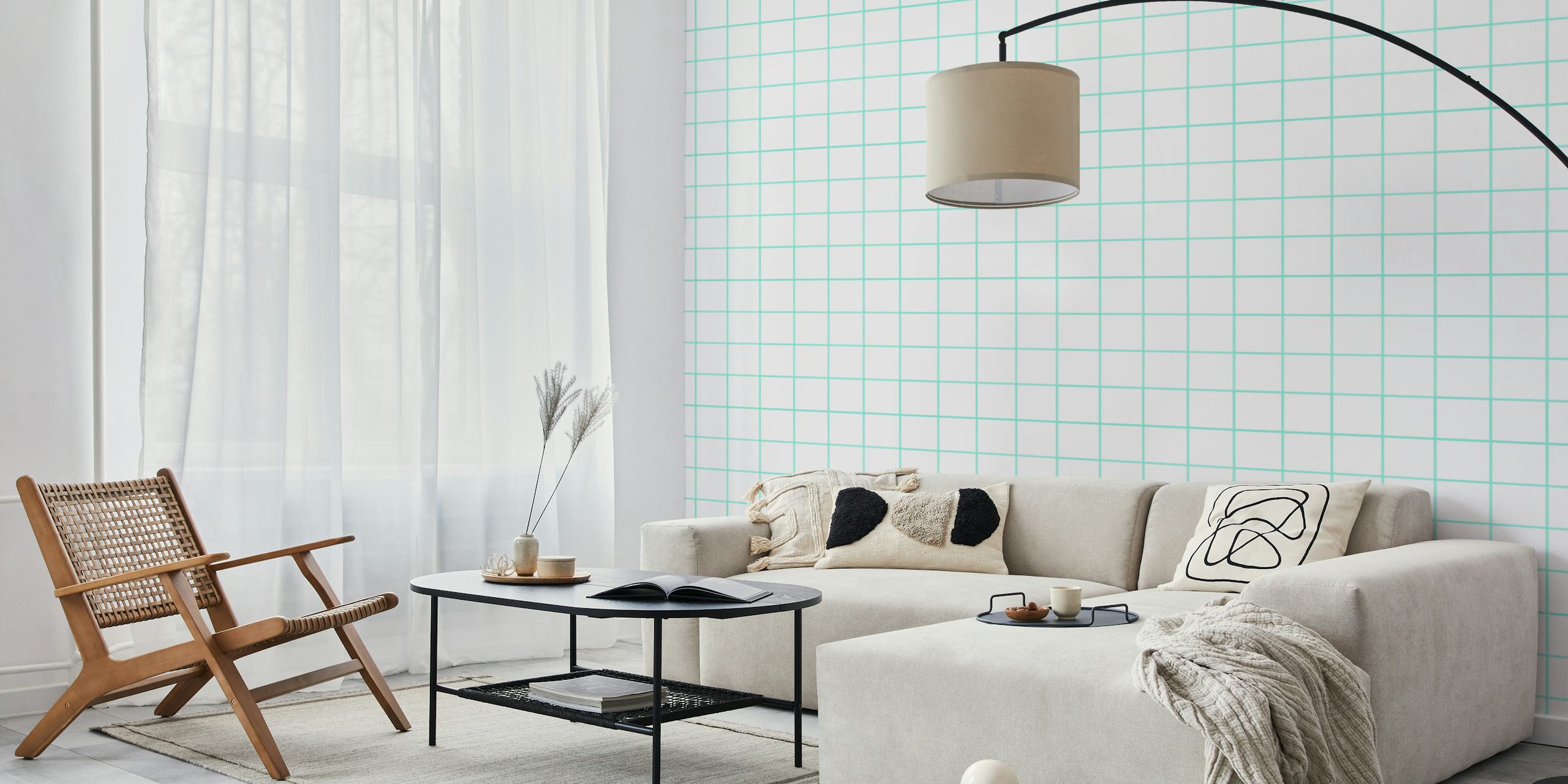 White mint grouted tiles wallpaper in a room