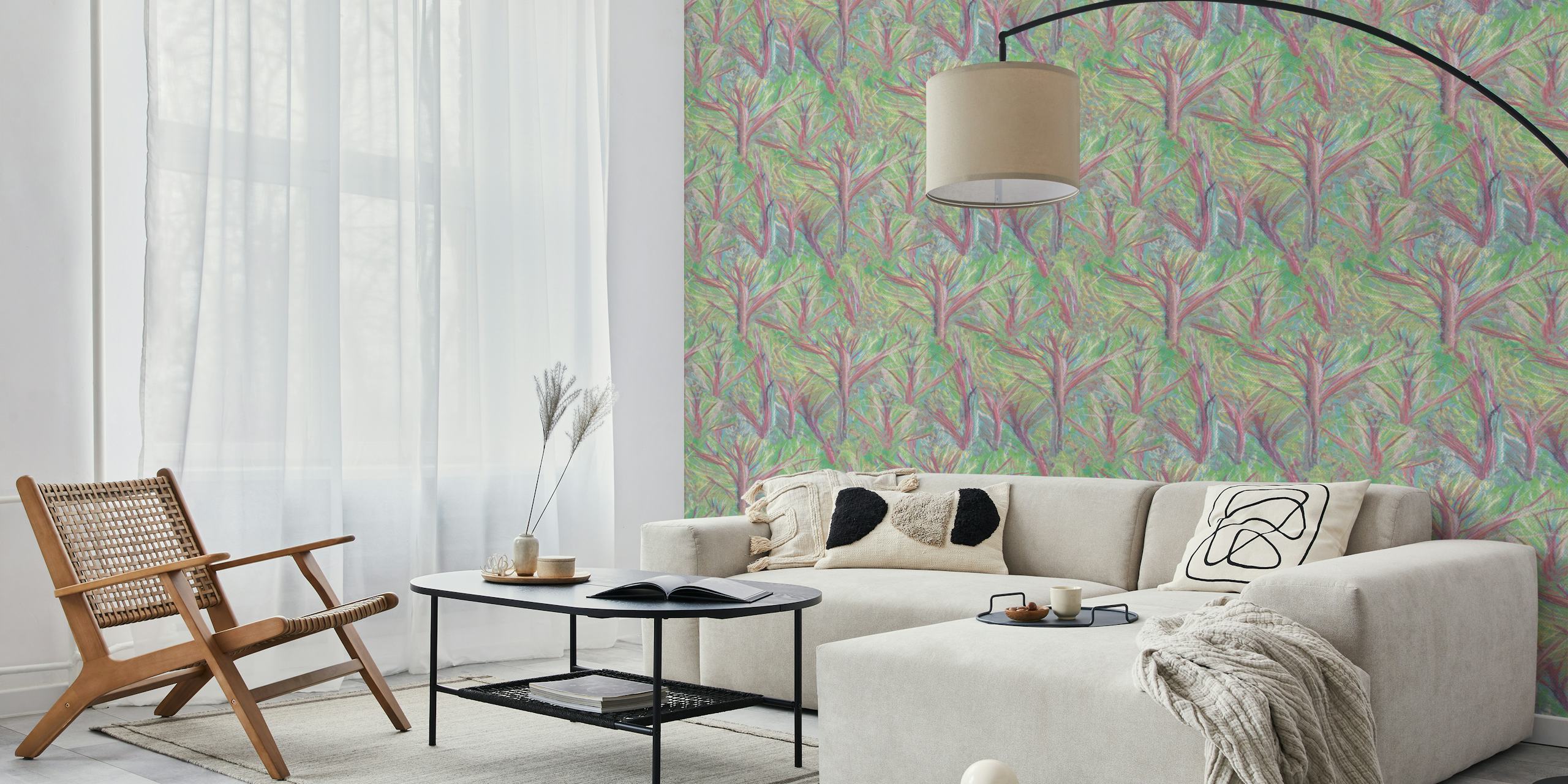 Abstract foliage pattern with green background and colorful tree designs wallpaper