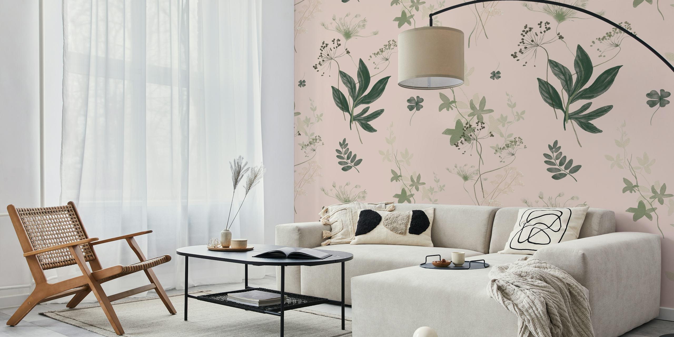 Botanical foliage on a light pink background with green leaves and floral patterns wallpaper