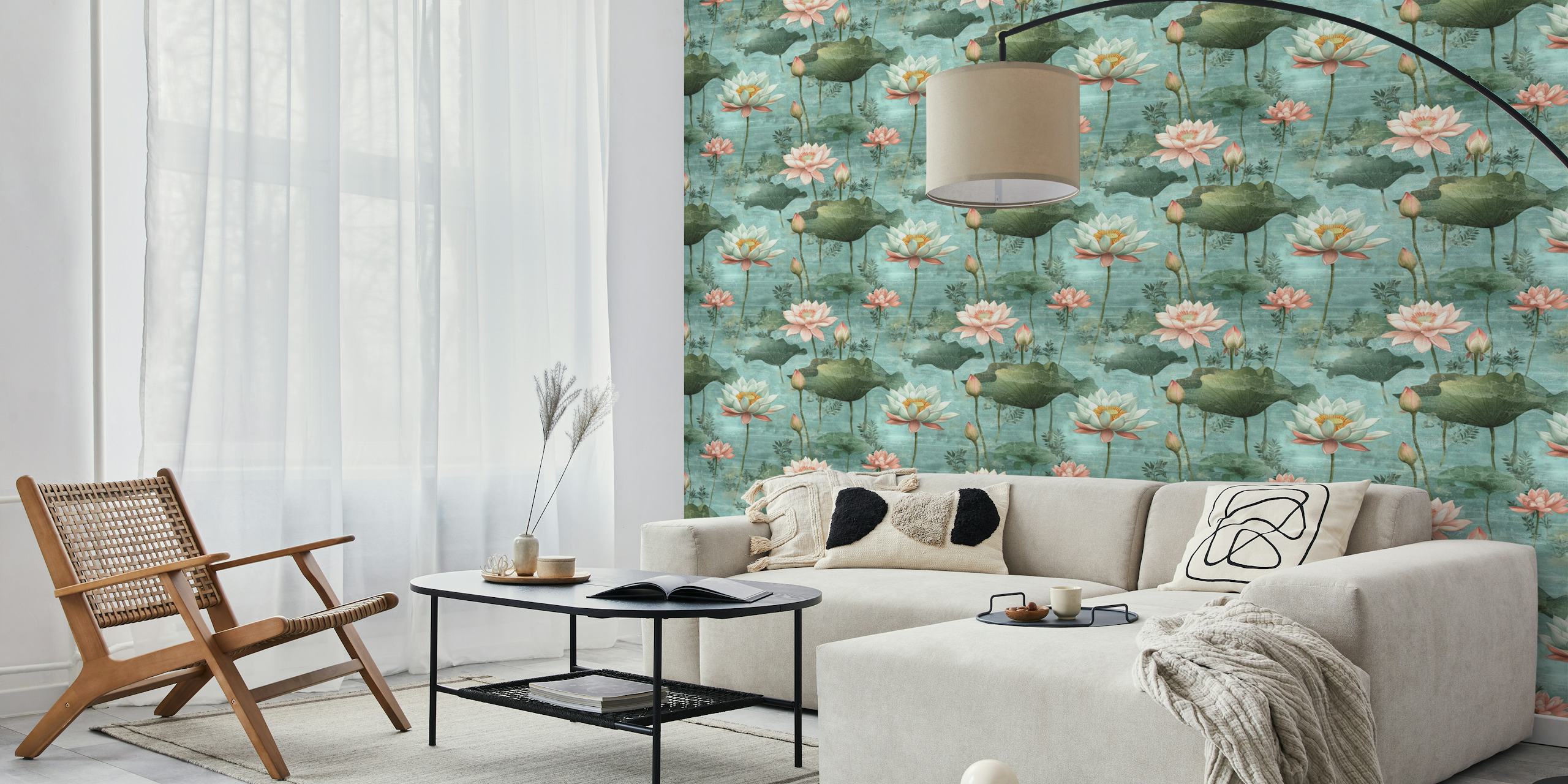Teal White Lotus Fresco tapetti huoneessa