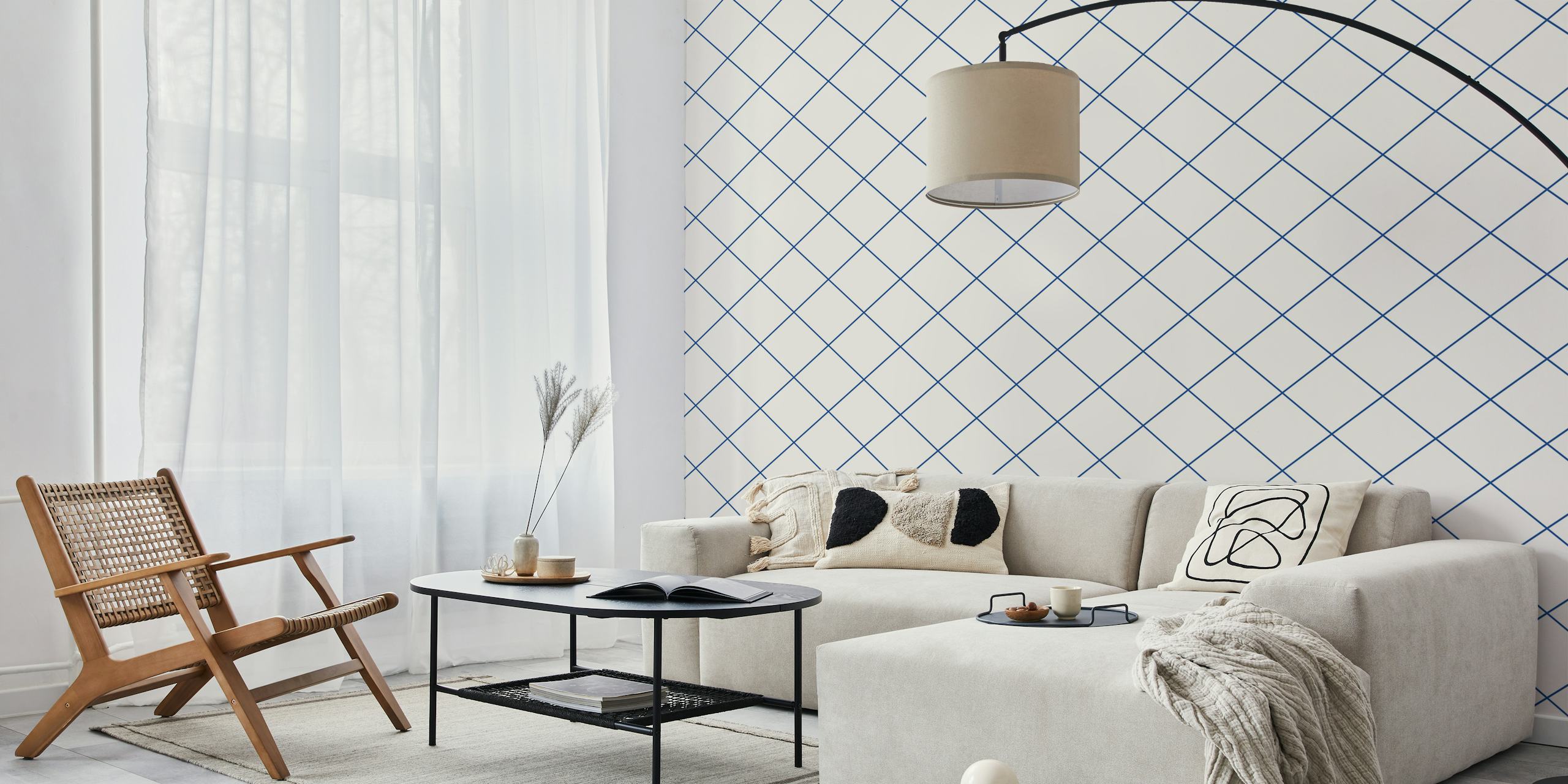 Faux tile grid pattern in blue and beige wallpaper