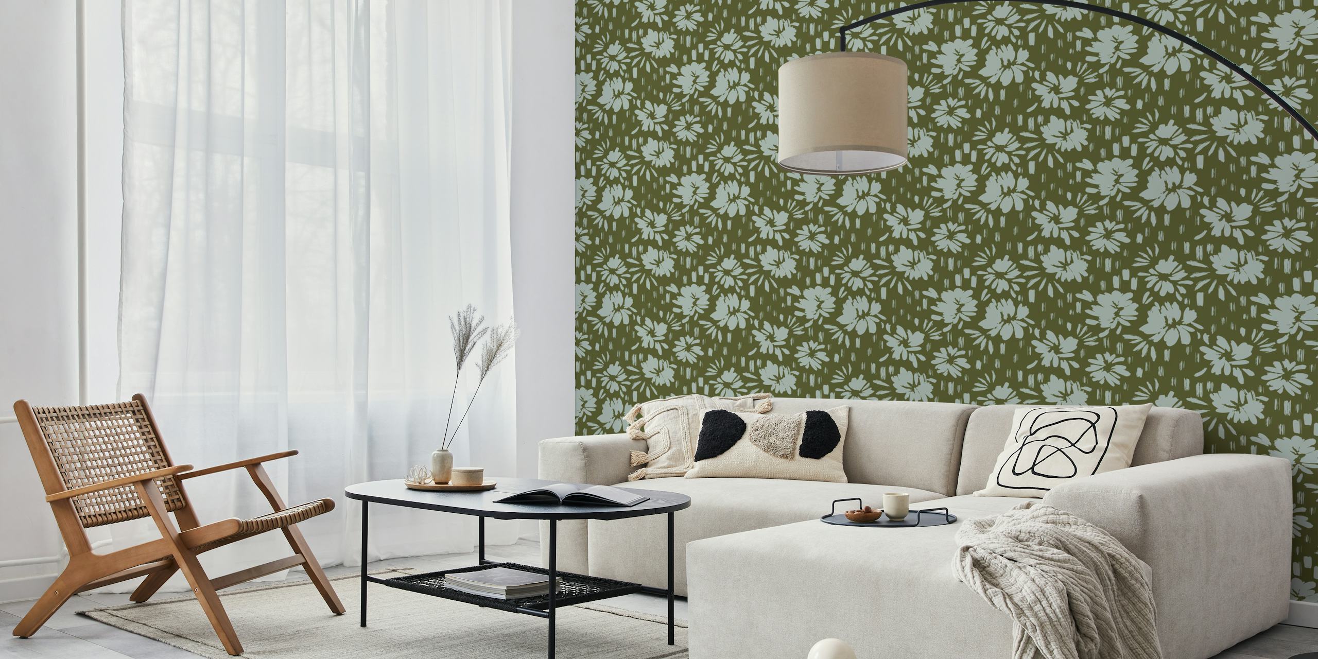 Green floral brush strokes wallpaper with light blue flowers