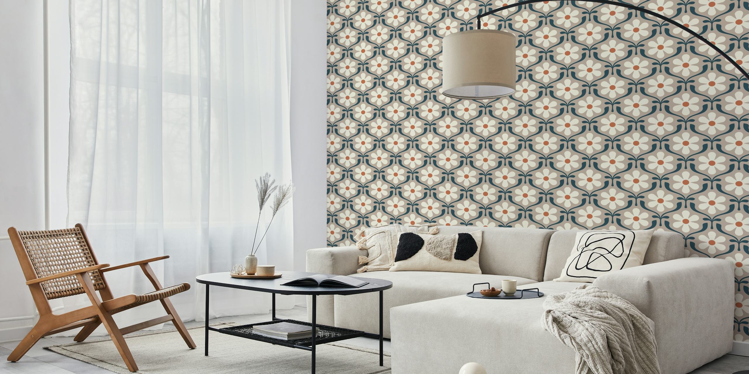Retro Daisy Blooms in Beige wallpaper in a room