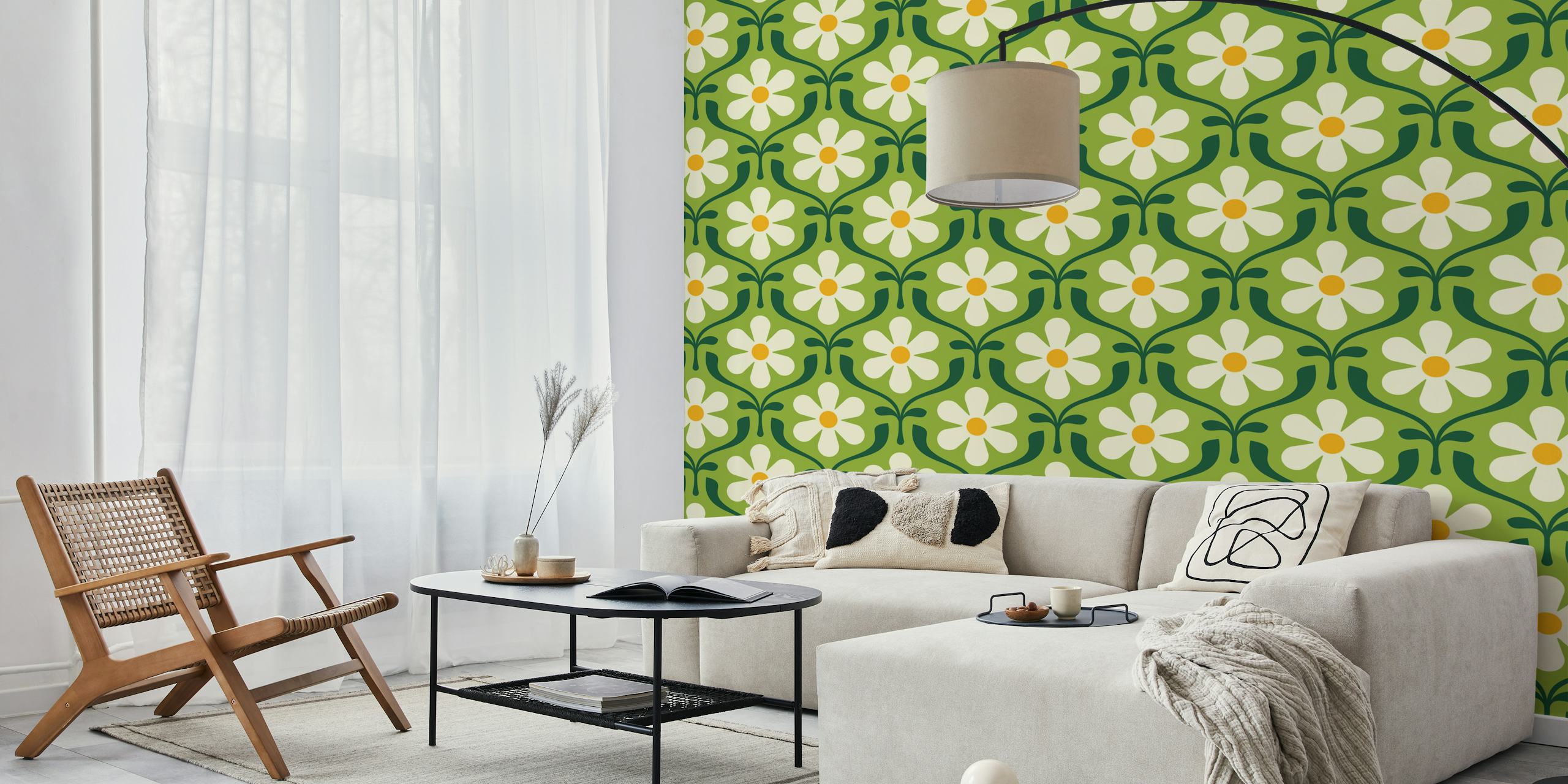 Retro Daisy Blooms in Green wzór tapety