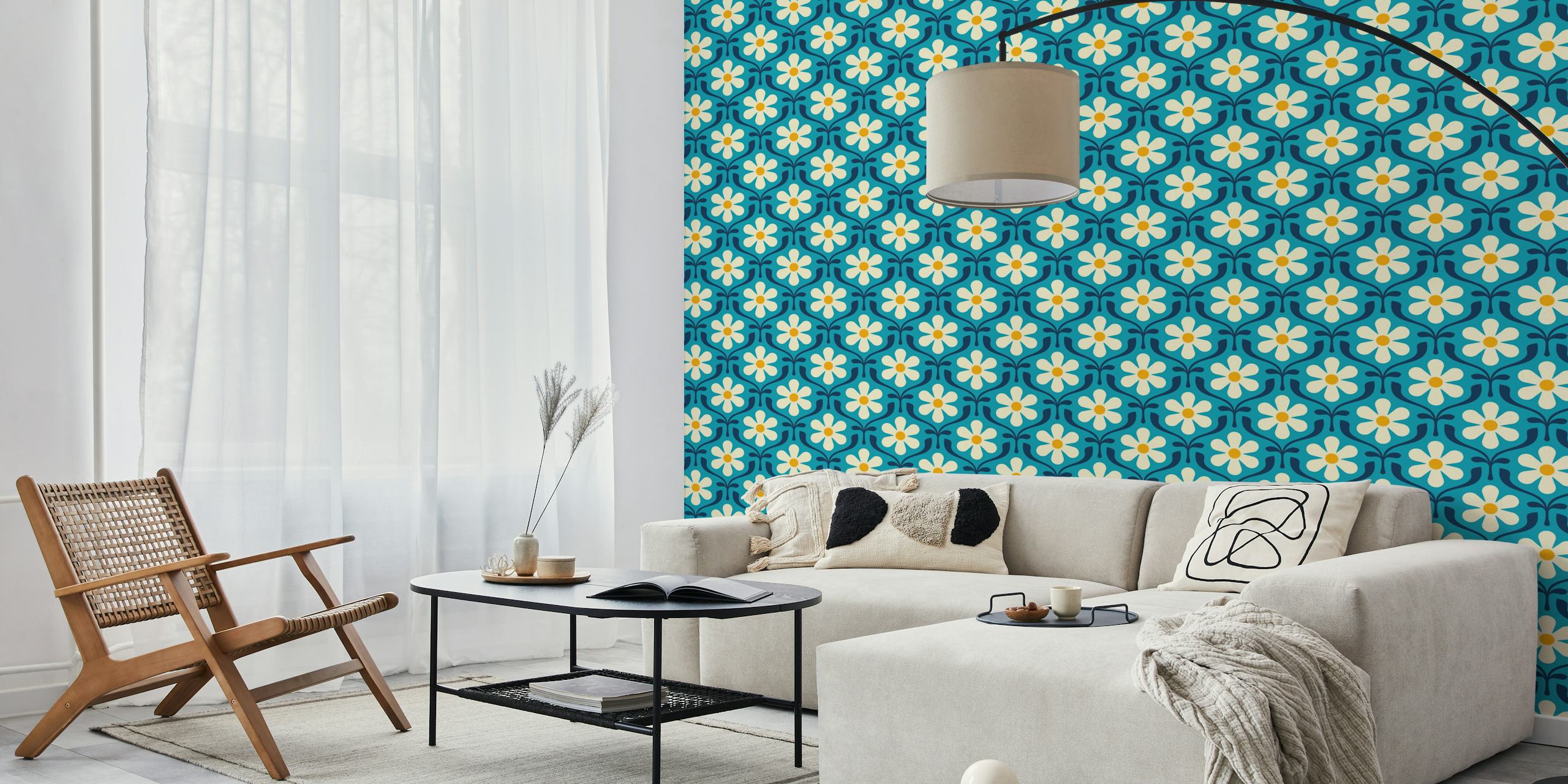 Retro Daisy Blooms in Blue wallpaper in a room