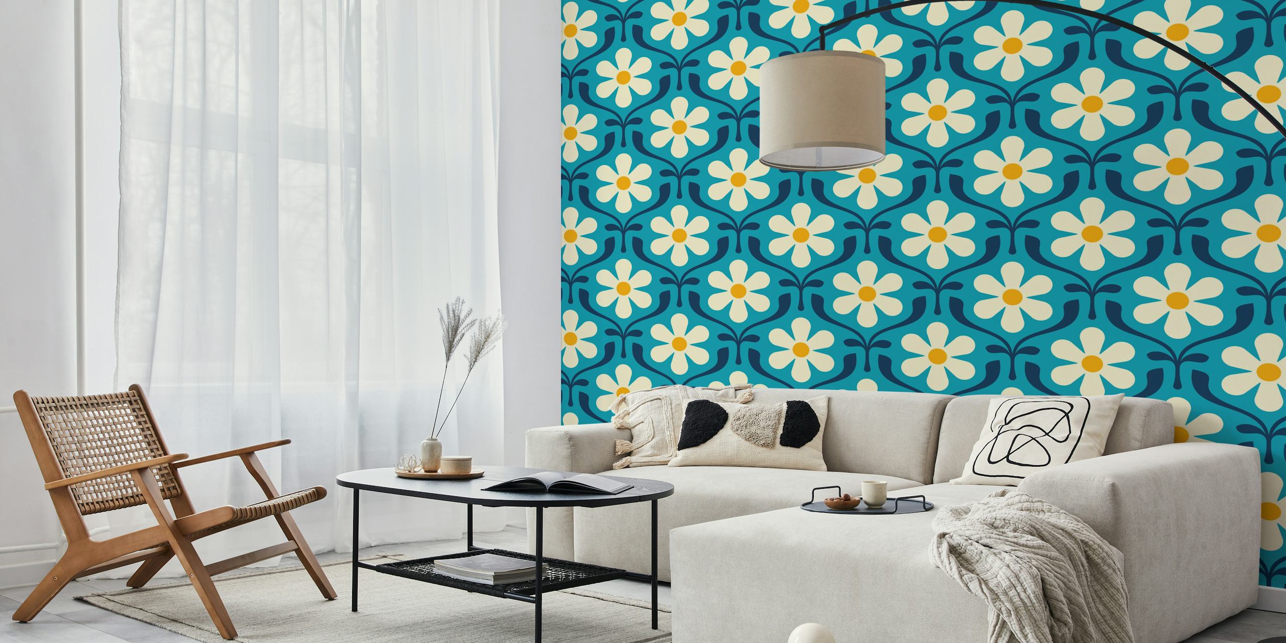 Retro floral design with blue background and cream daisies wallpaper