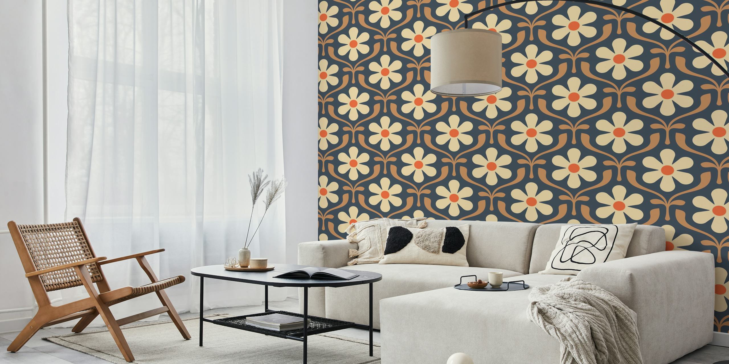Floral pattern with beige flowers and orange accents on blue background wallpaper