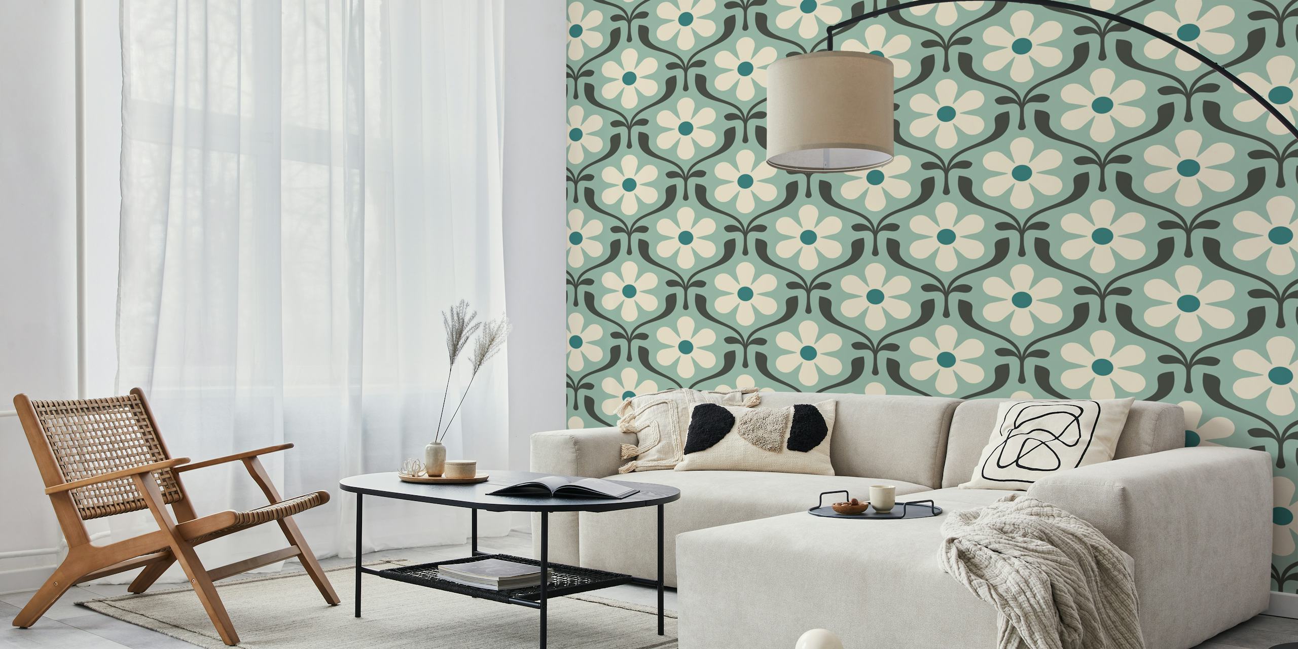 Retro floral pattern in turquoise and cream colors wallpaper