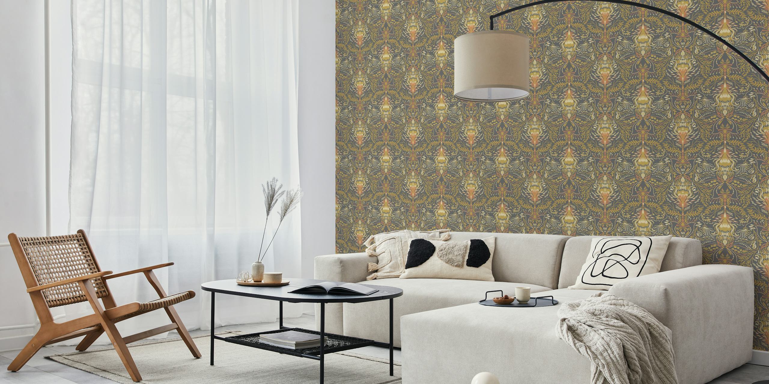 Baroque leaf pattern wallpaper in dark tones with gold and warm hues