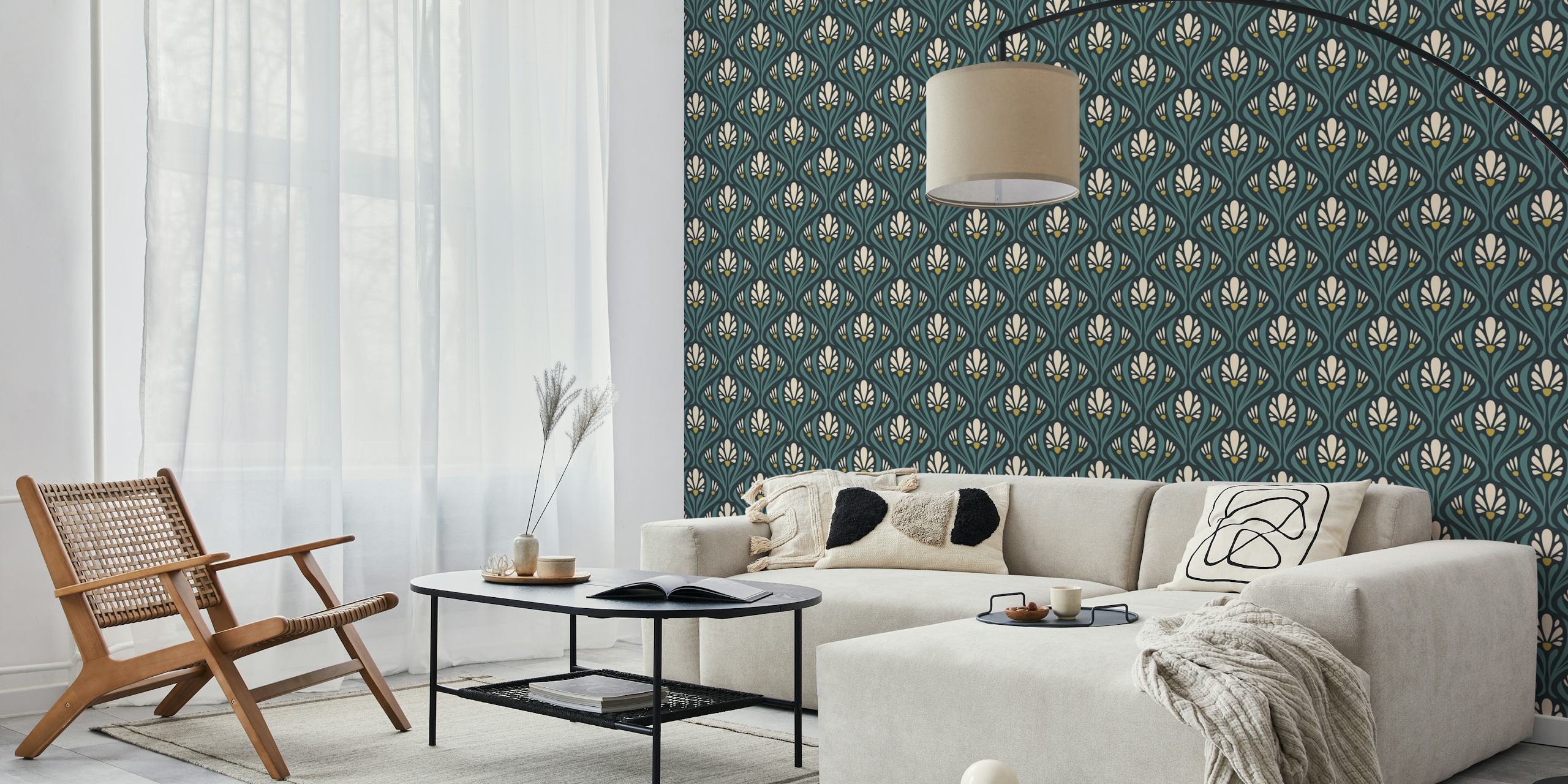 Art Nouveau floral design featuring green and yellow flowers wallpaper