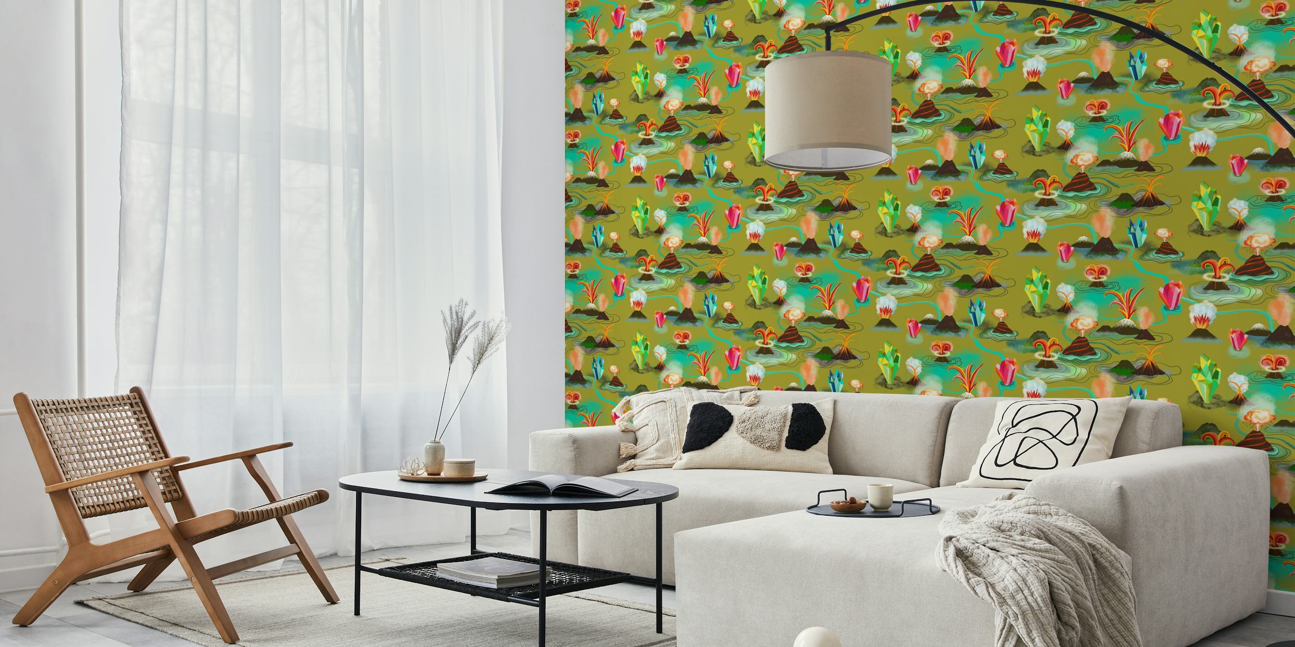Volcanos and crystals behang in een kamer