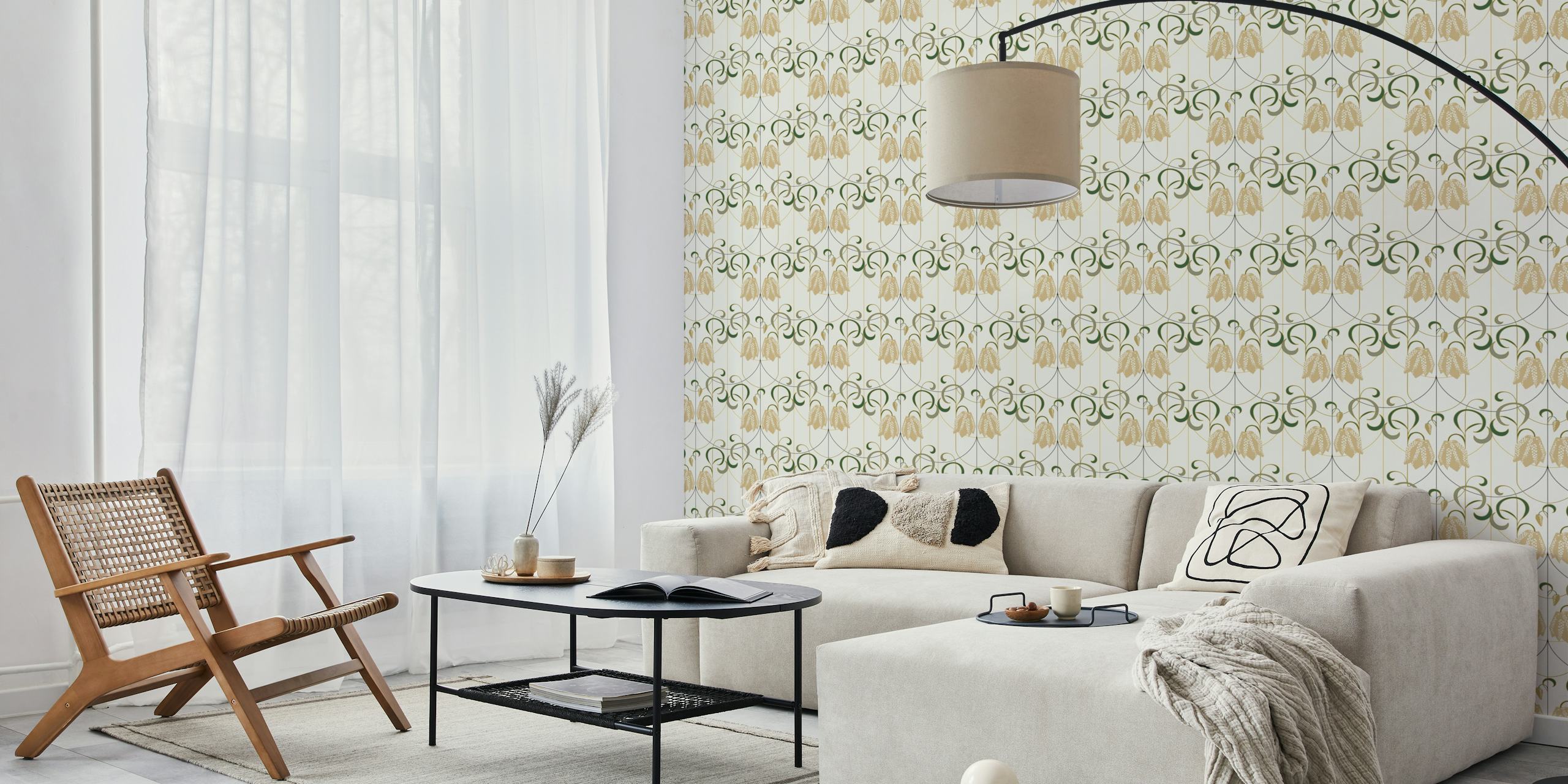 Art deco Checkered lily ivory sage papel de parede em um quarto
