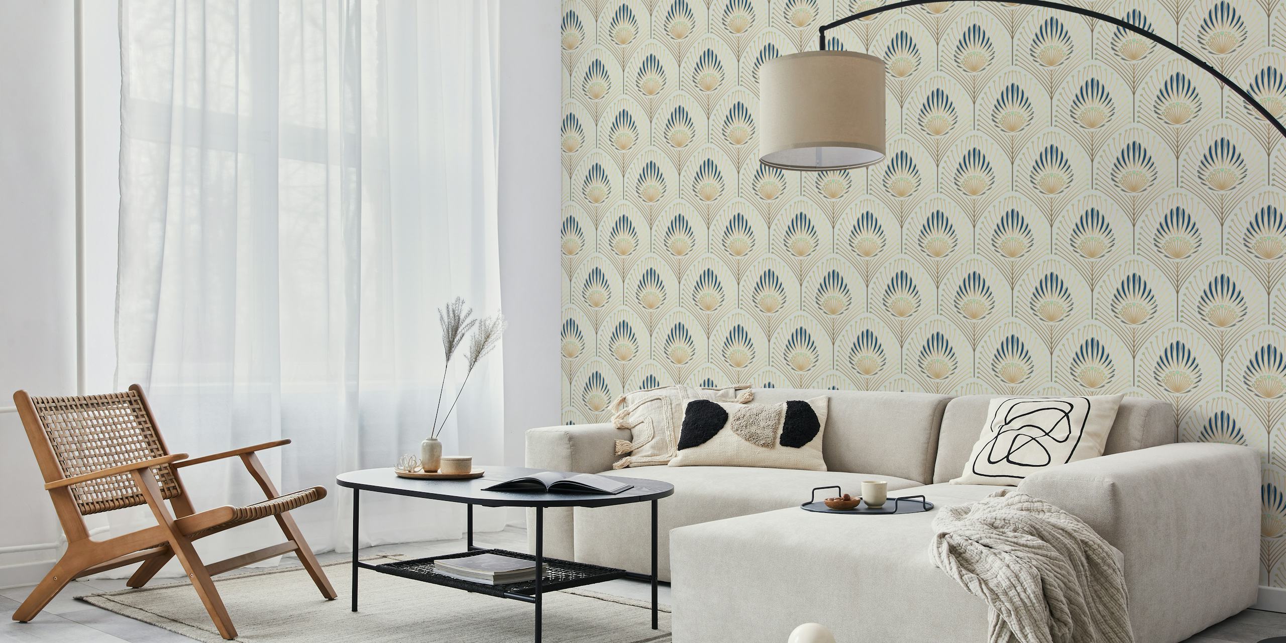 Floral pattern in gold and navy on cream background wallpaper