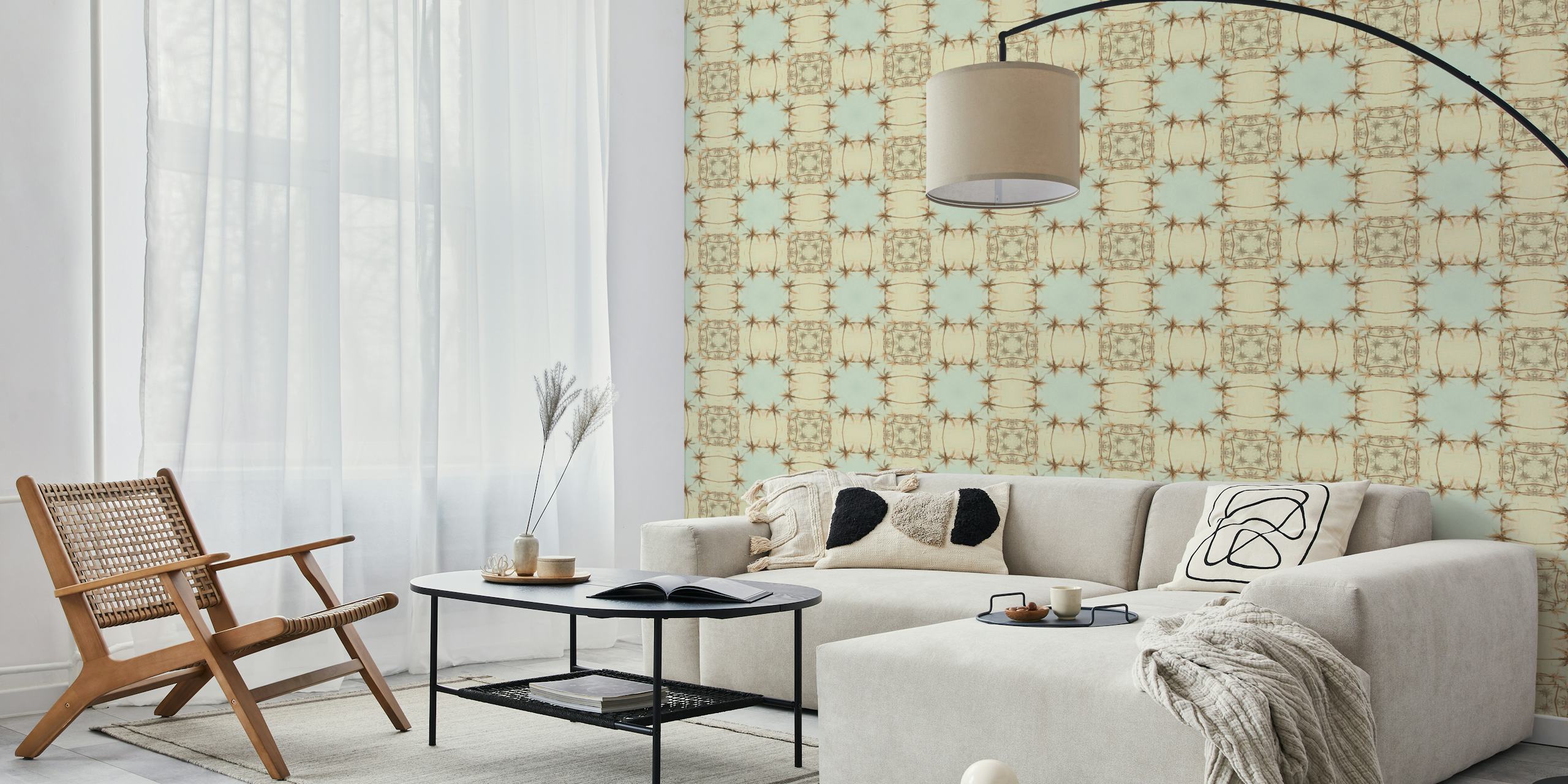 Palm trees against a pale blue background in a repetitive pattern wallpaper
